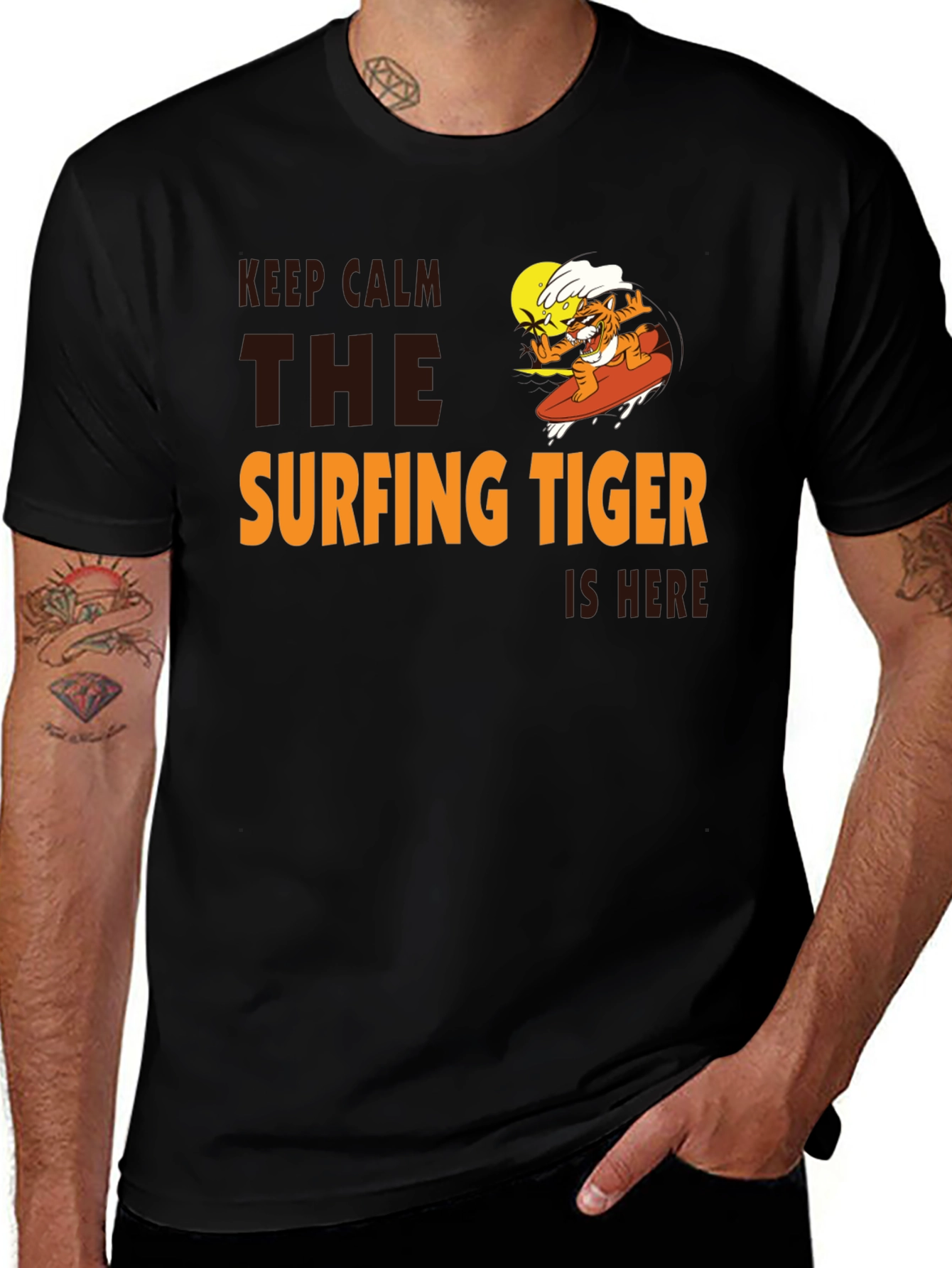 Variant 18 of Surfing Tiger T-Shirt: Keep Calm, It's Here!