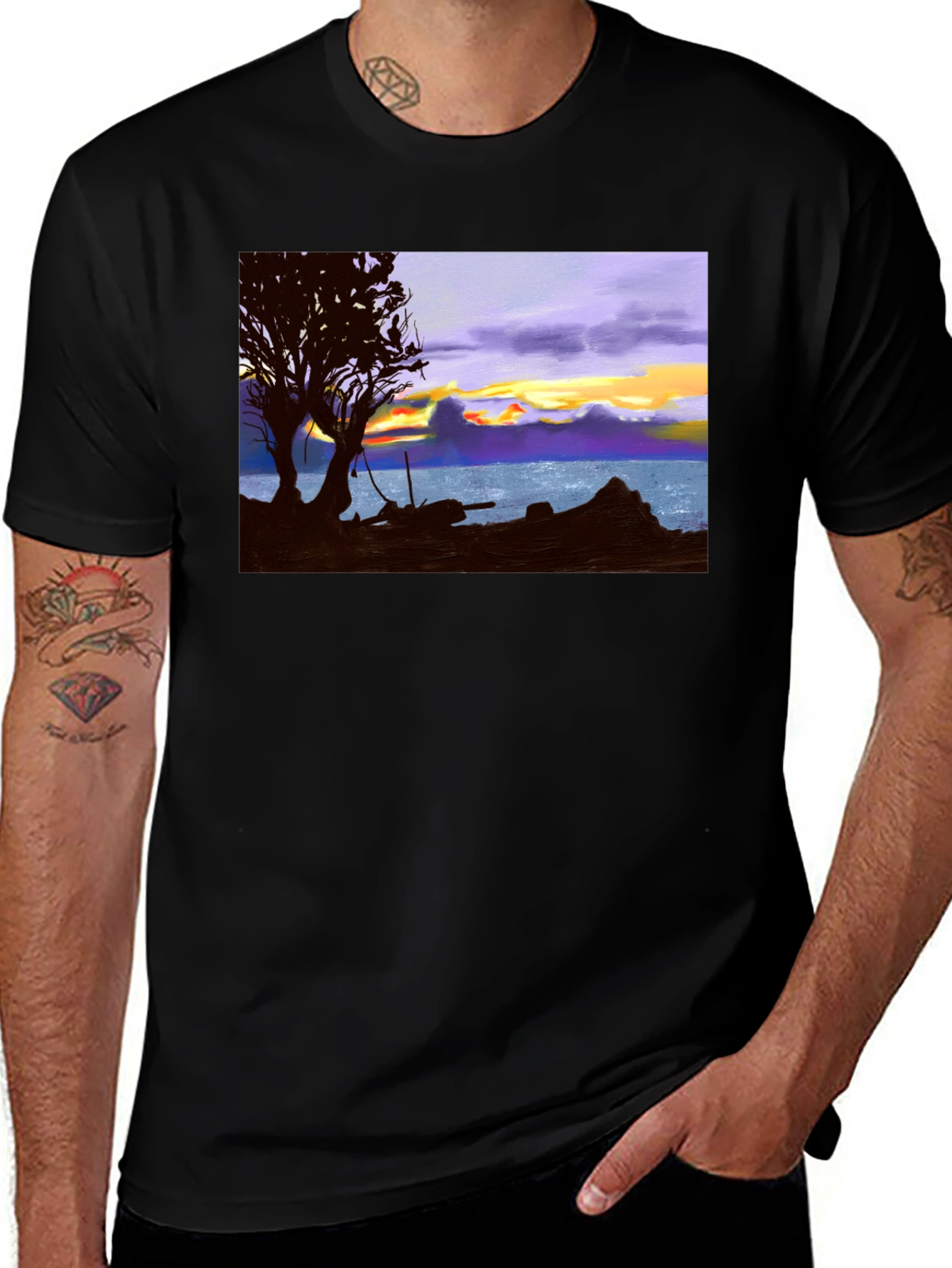 Variant 11 of Sunset Beach Graphic Tee - Black Cotton T-Shirt