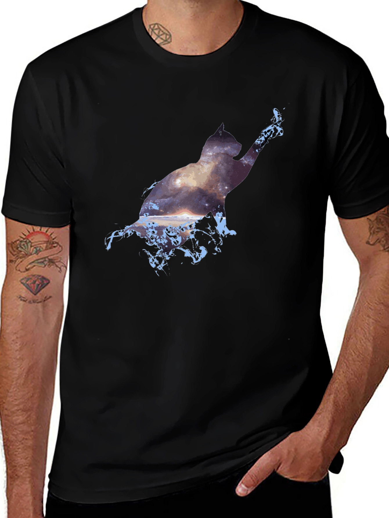 Variant 14 of Cosmic Cat Black T-Shirt - Galaxy Silhouette