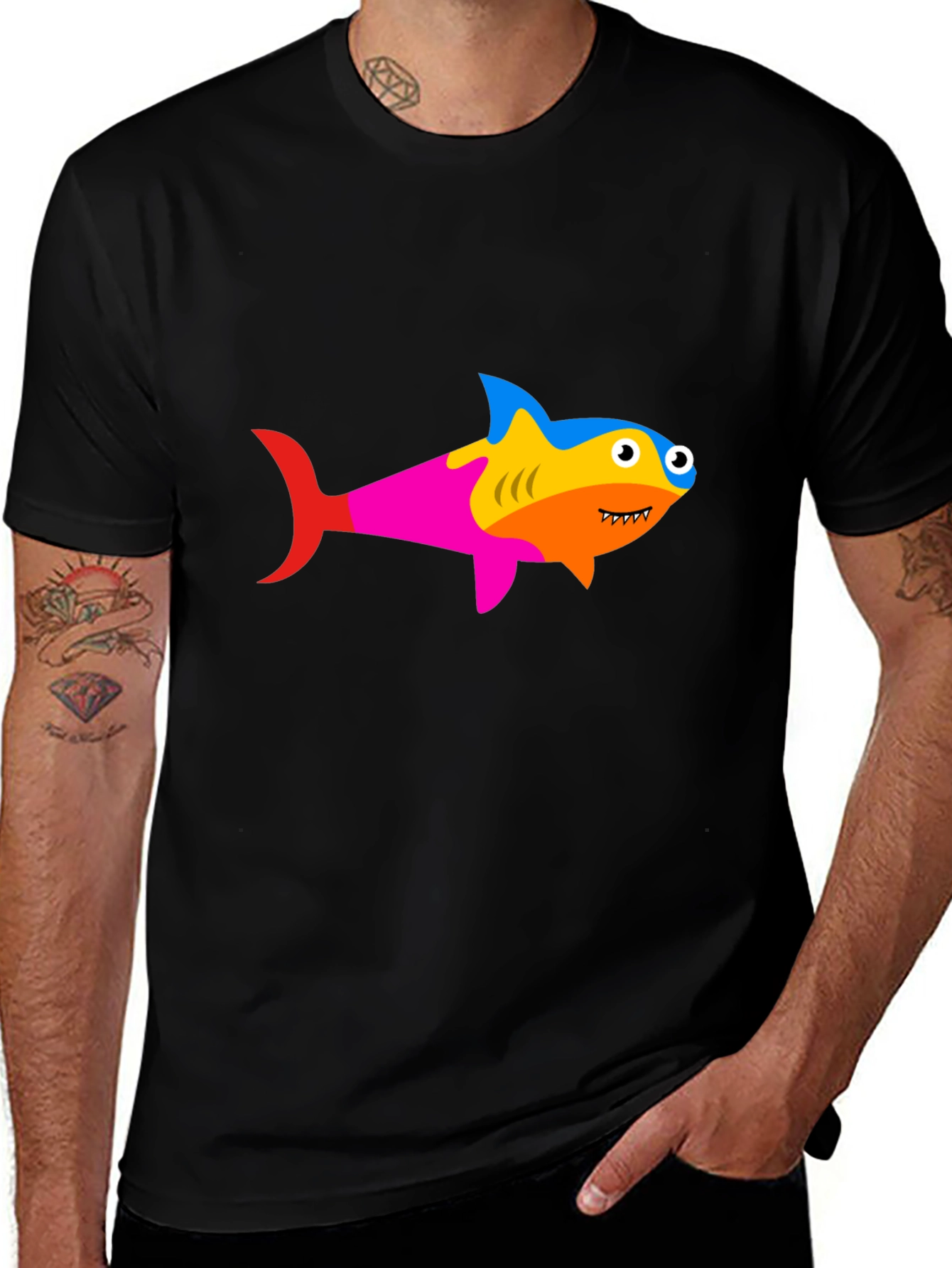 Variant 14 of Shark Graphic Tee - Funky Rainbow Colors, Black Cotton Shirt