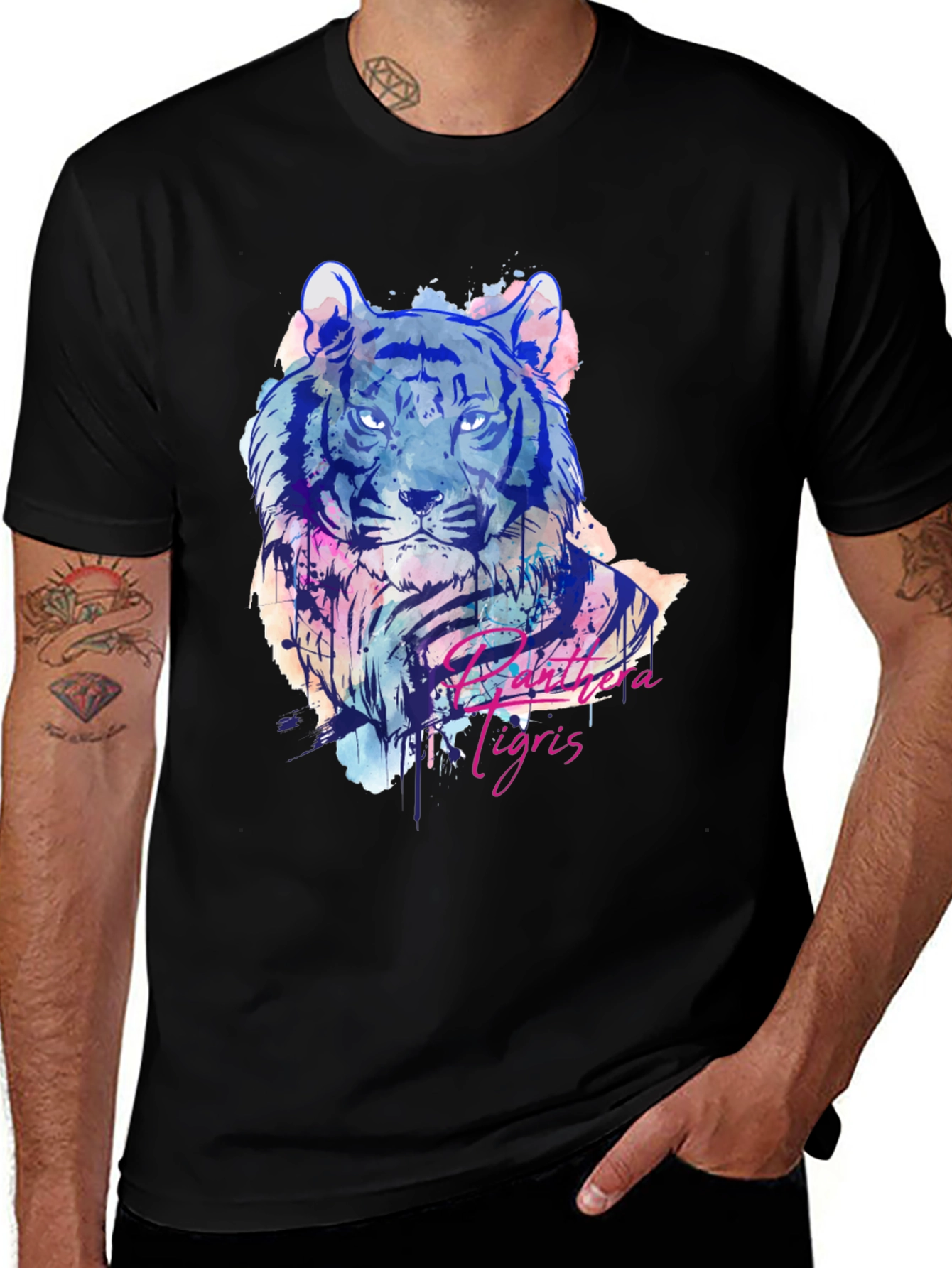 Variant 26 of Watercolor Tiger Graphic Print Black T-Shirt