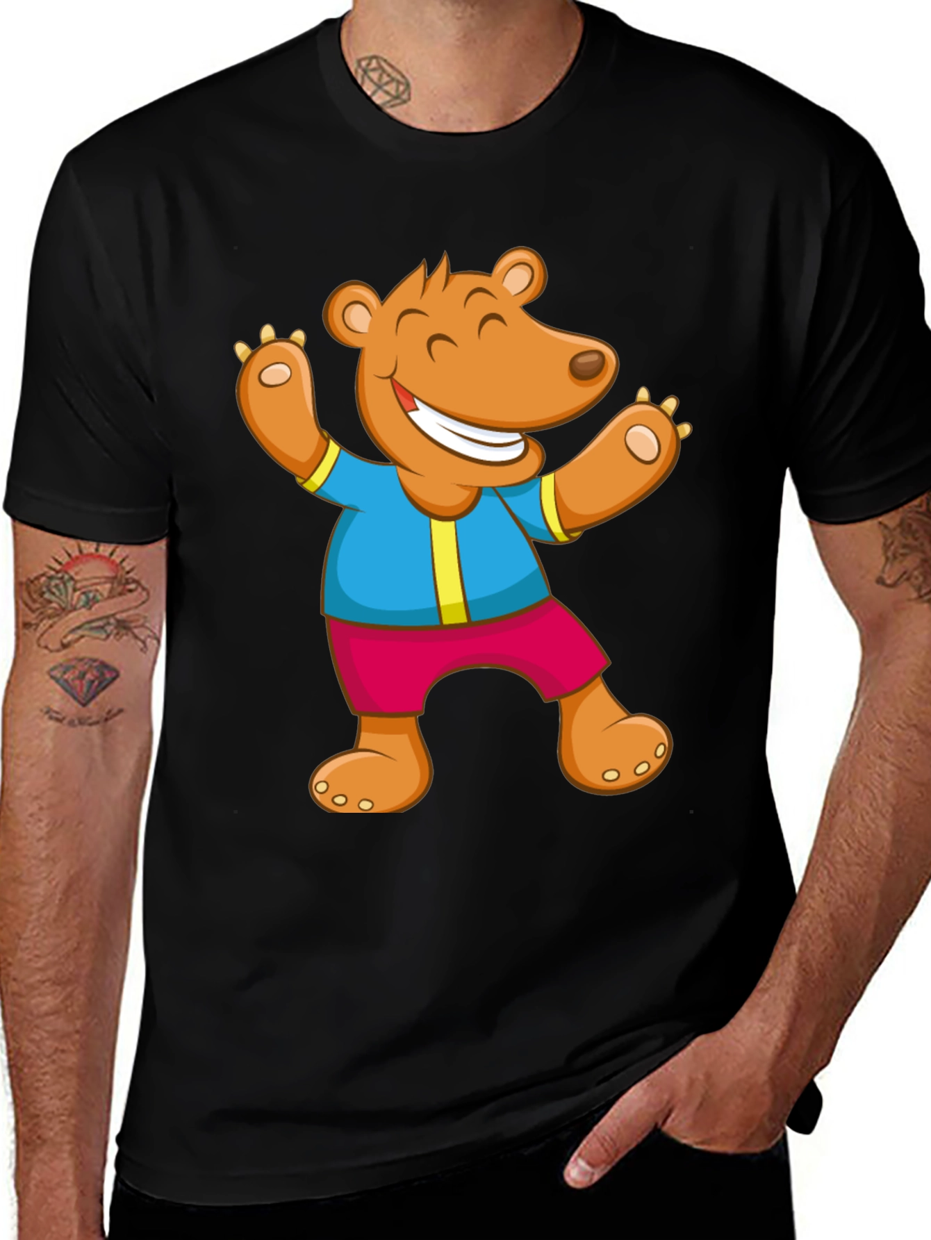Variant 2 of Cartoon Bear Graphic Tee - Black Cotton Blend