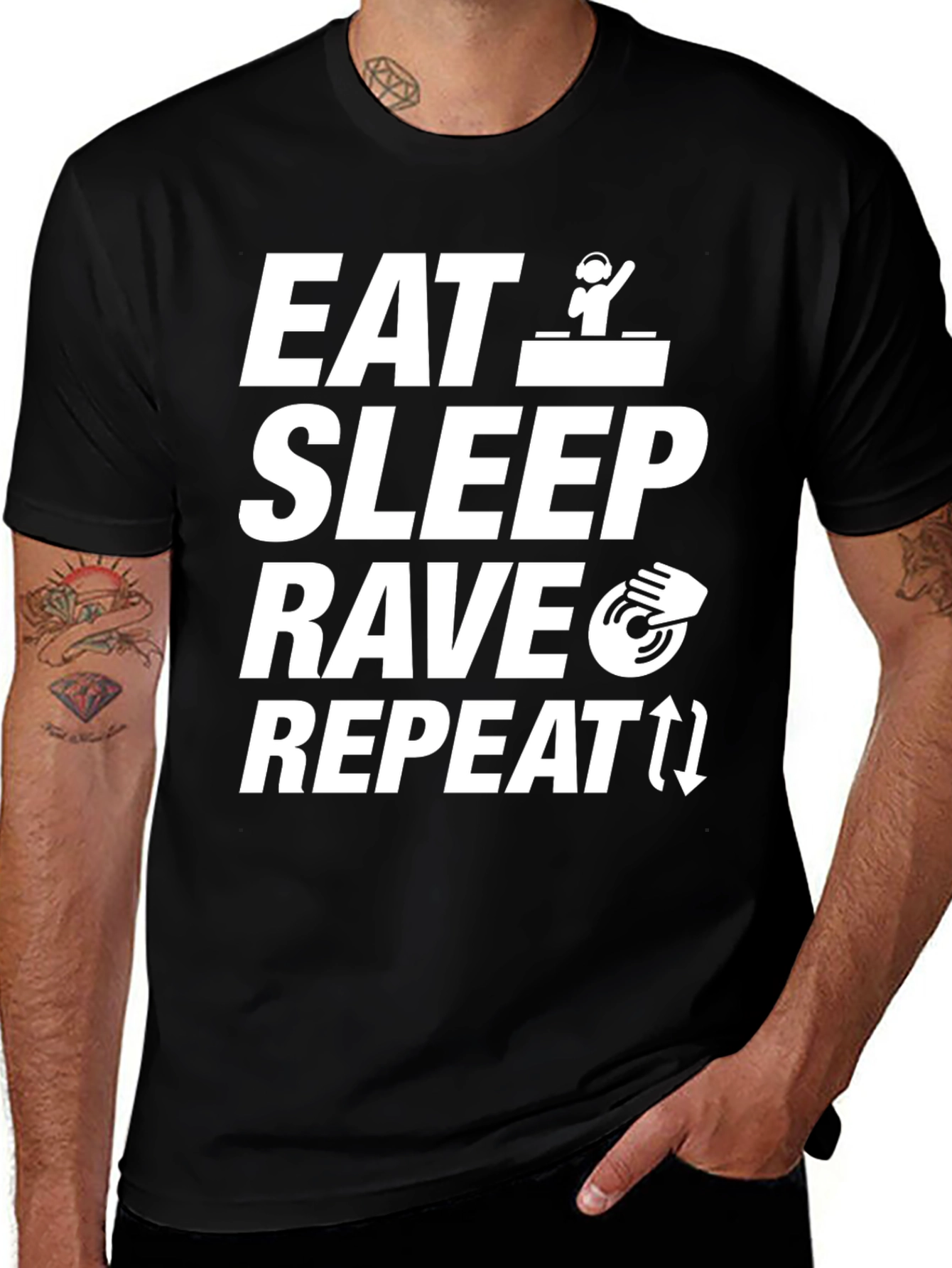 Variant 8 of Eat Sleep Rave Repeat Black Graphic Tee