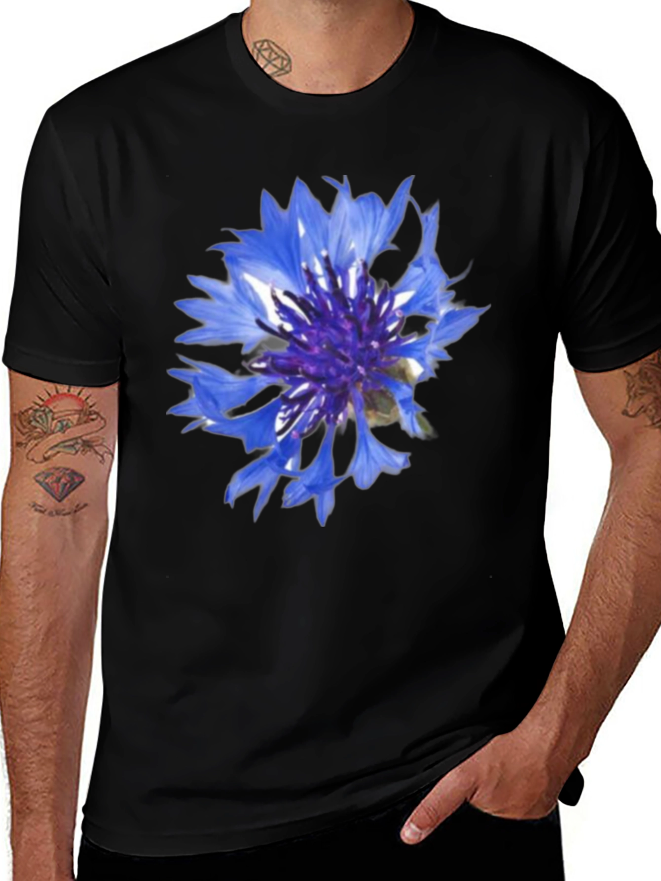 Variant 19 of Blue Cornflower Graphic Print Black T-Shirt