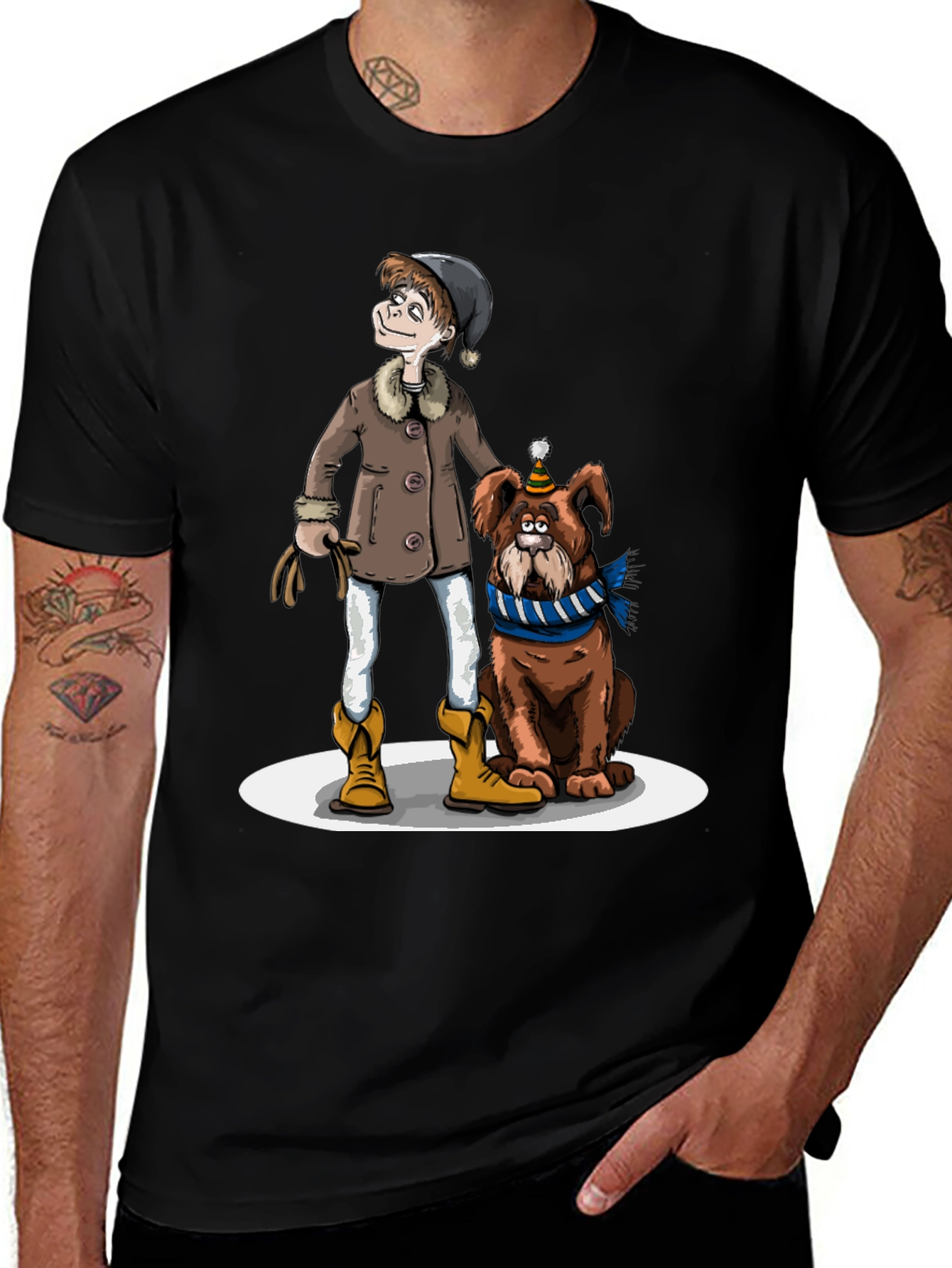 Variant 22 of Cartoon Boy and Dog Black Graphic Tee