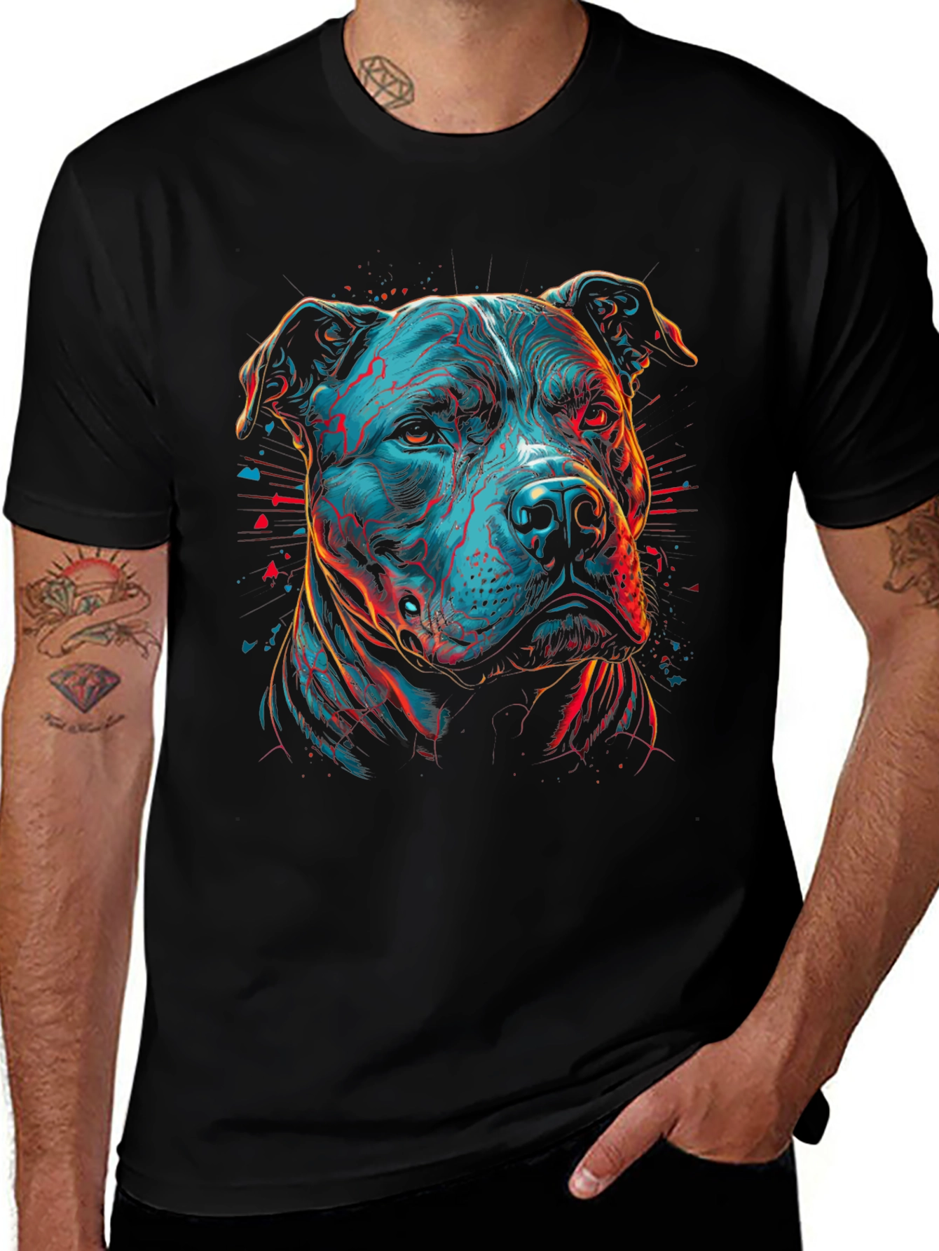 Pitbull Graphic Tee - Neon Dog Art