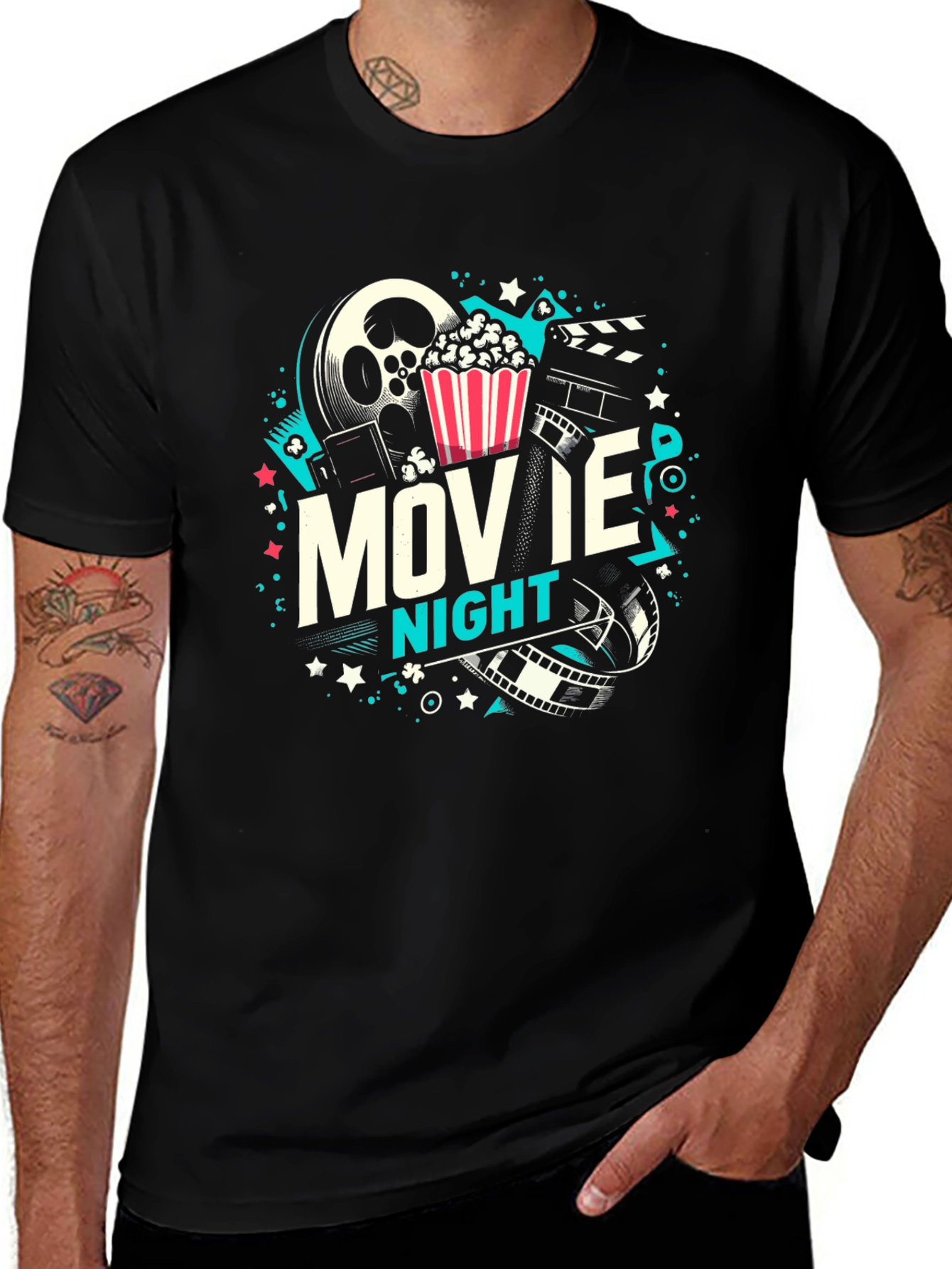Variant 19 of Movie Night Graphic T-Shirt - Popcorn and Film Reel Design