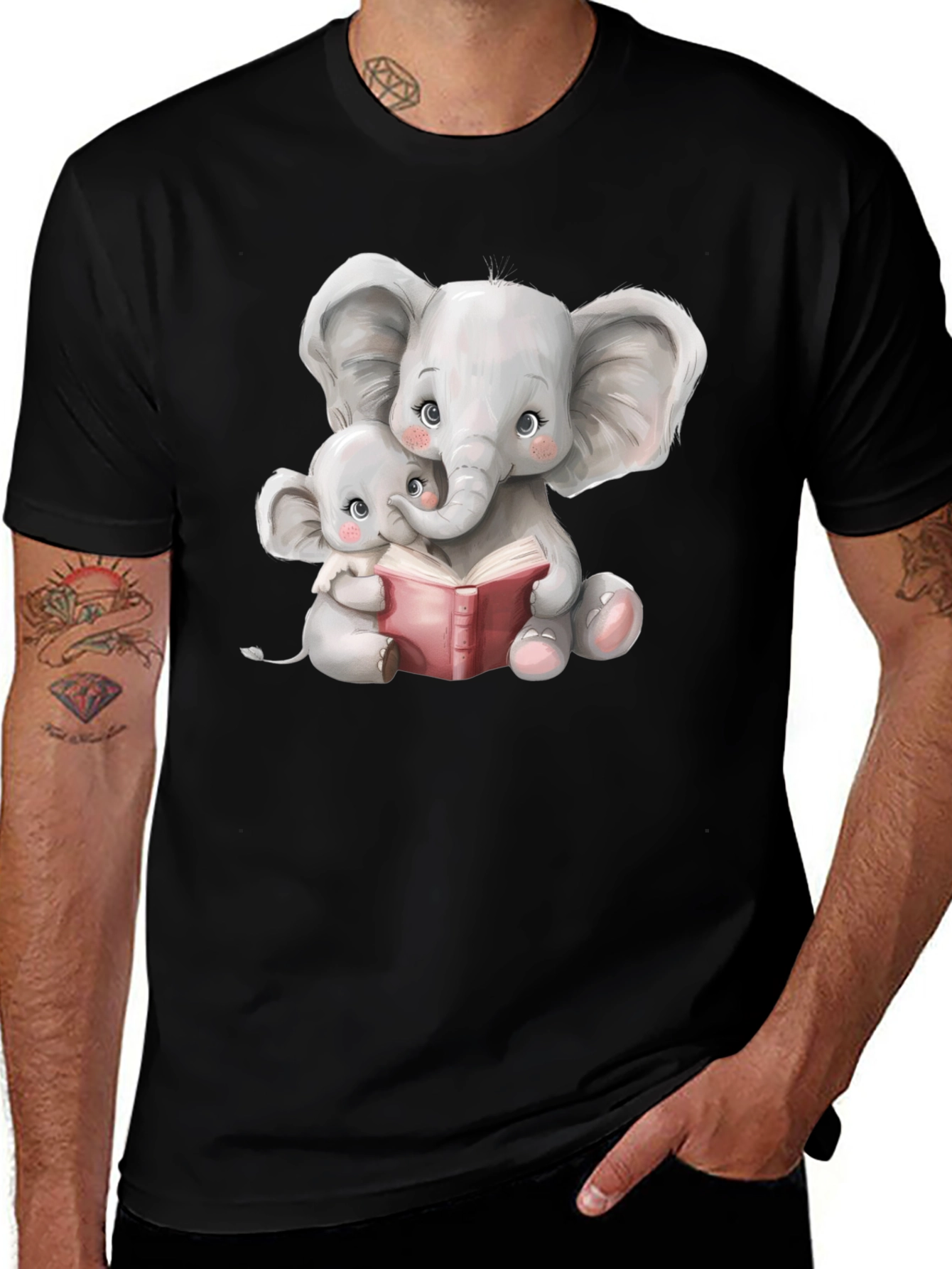 Variant 9 of Elephant Mom and Baby Reading Black T-Shirt