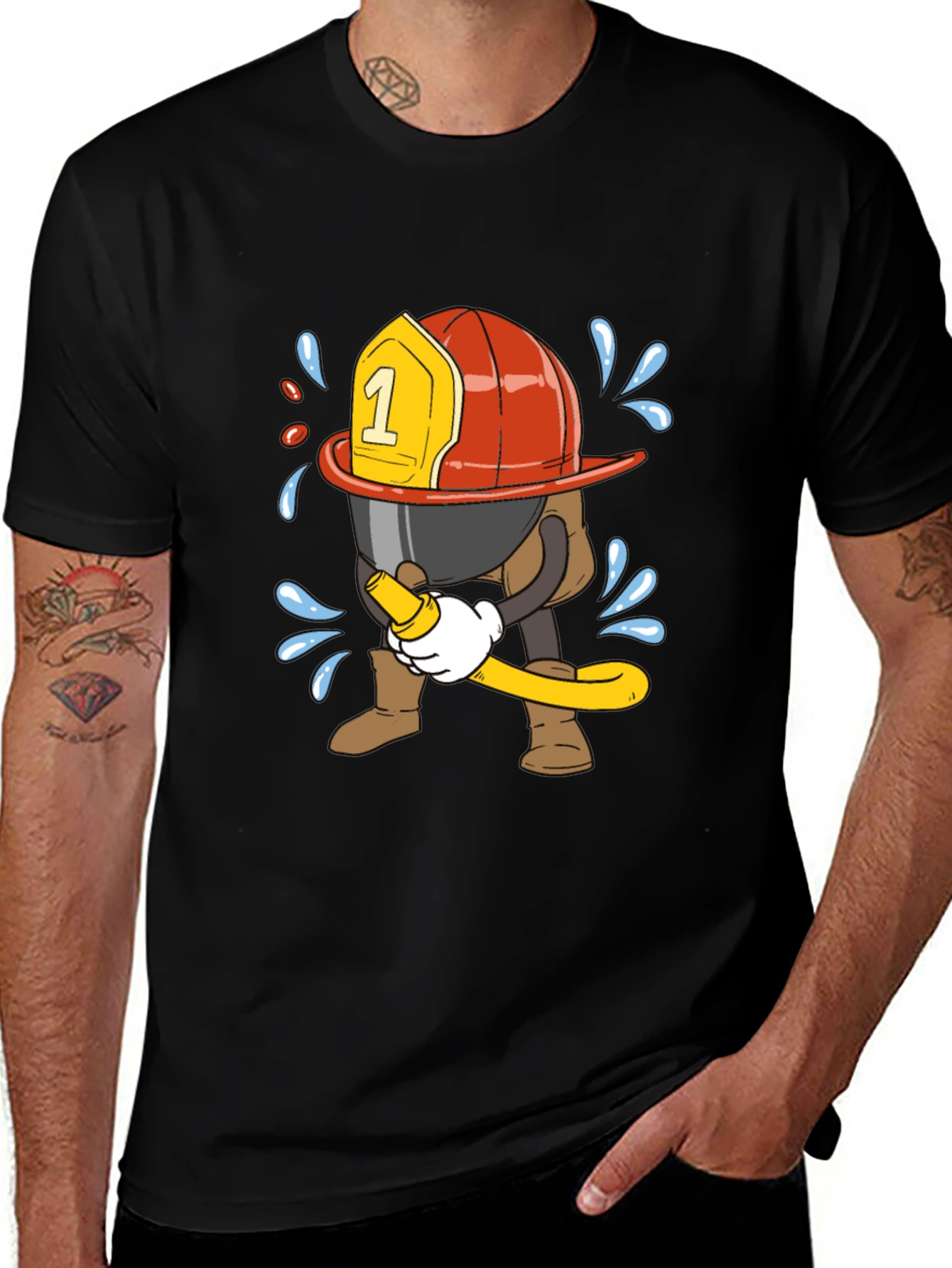 Firefighter Cartoon Graphic Tee - Black