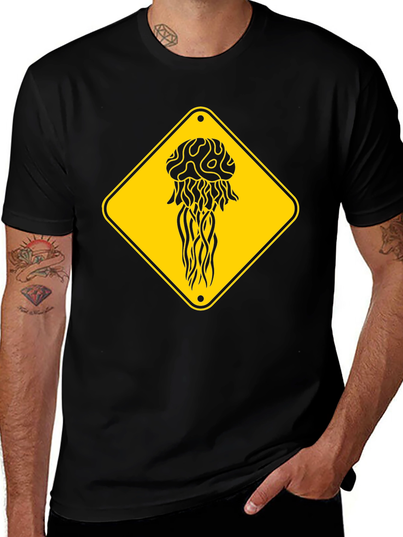 Variant 9 of Jellyfish Warning Sign T-Shirt - Black Cotton Tee