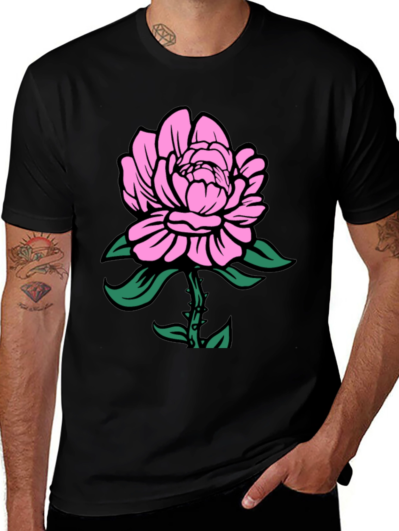 Variant 2 of Pink Floral Graphic Black T-Shirt