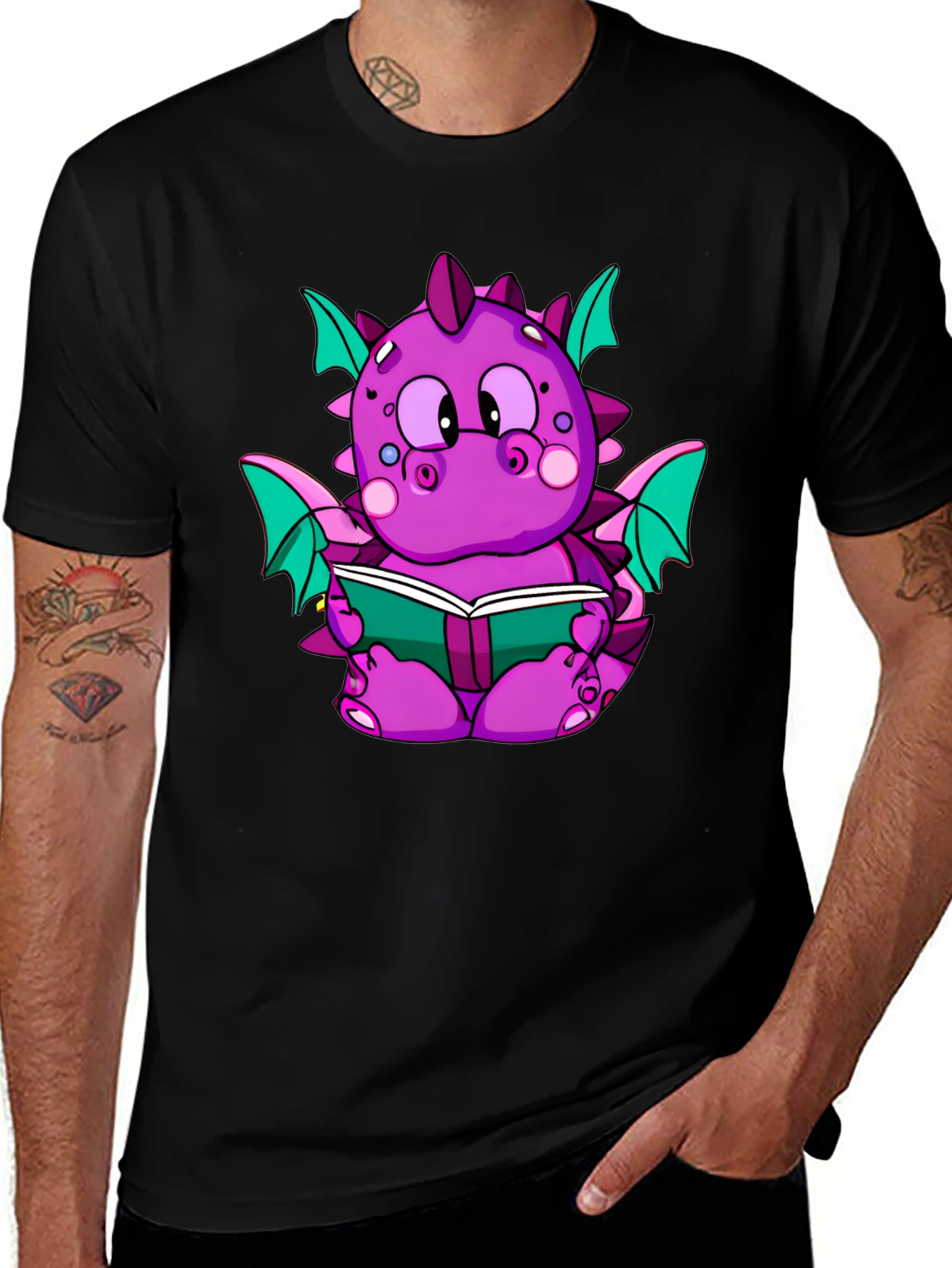 Variant 10 of Reading Dragon Graphic Tee - Black Cotton T-Shirt