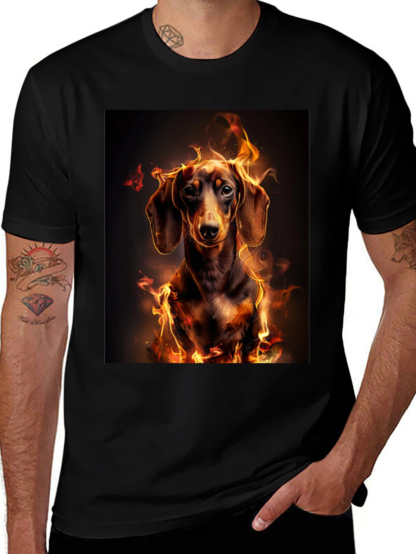 Variant 13 of Fiery Dachshund Graphic Tee - Men's Black T-Shirt