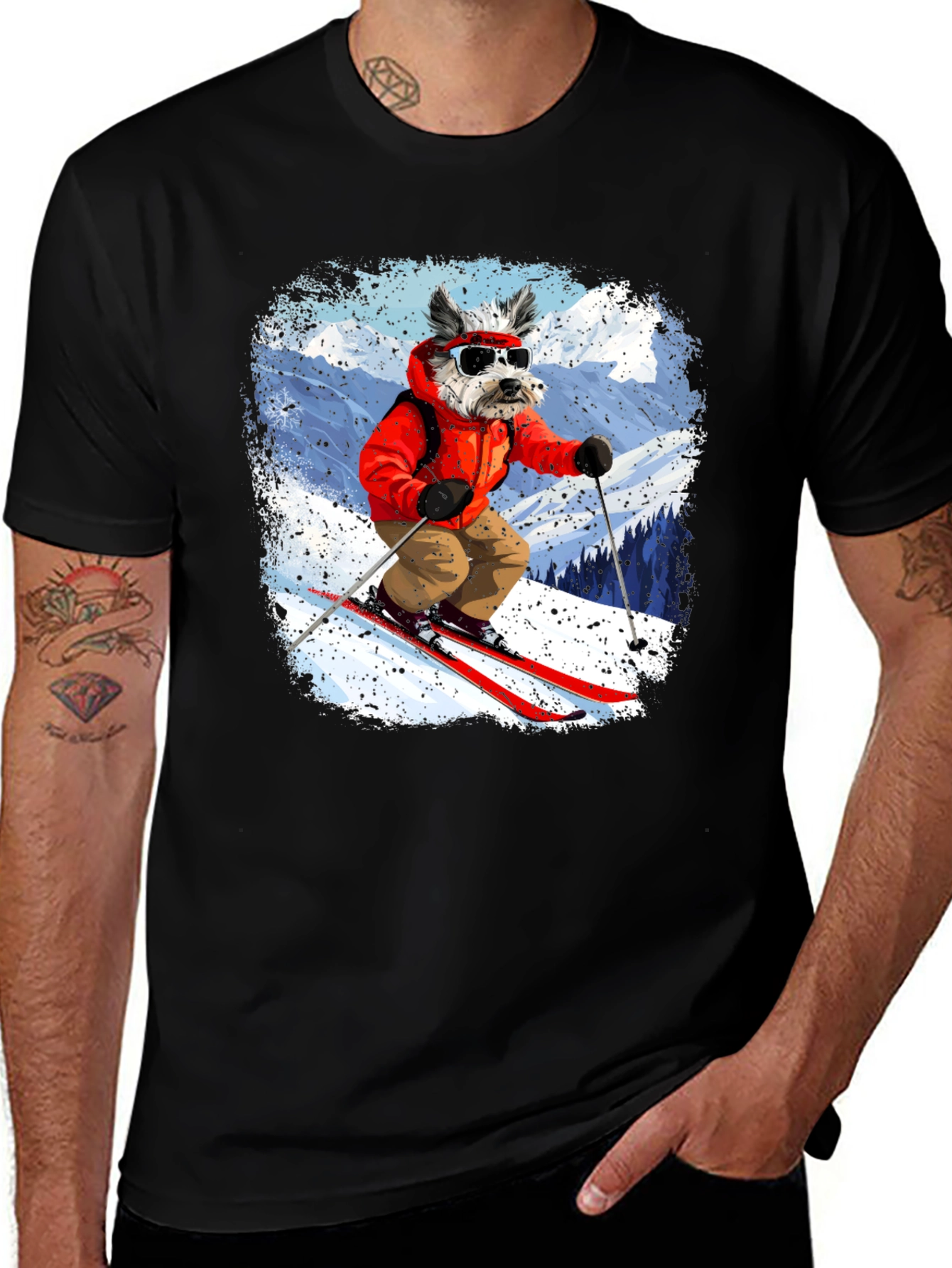 Variant 24 of Dog Skiing T-Shirt - Black Cotton Tee
