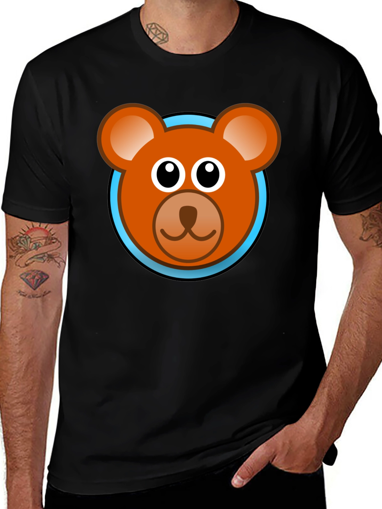 Variant 11 of Cartoon Bear Face Graphic Black T-Shirt
