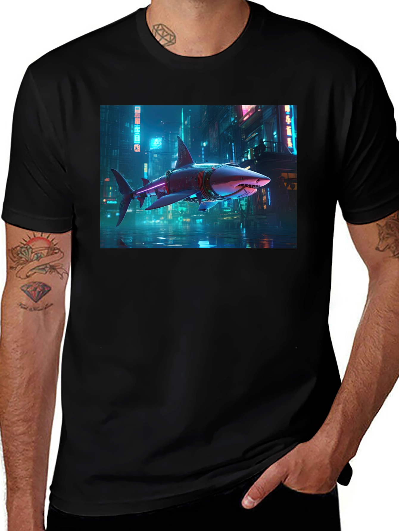 Variant 14 of Cyberpunk Shark T-Shirt - Futuristic Urban Style