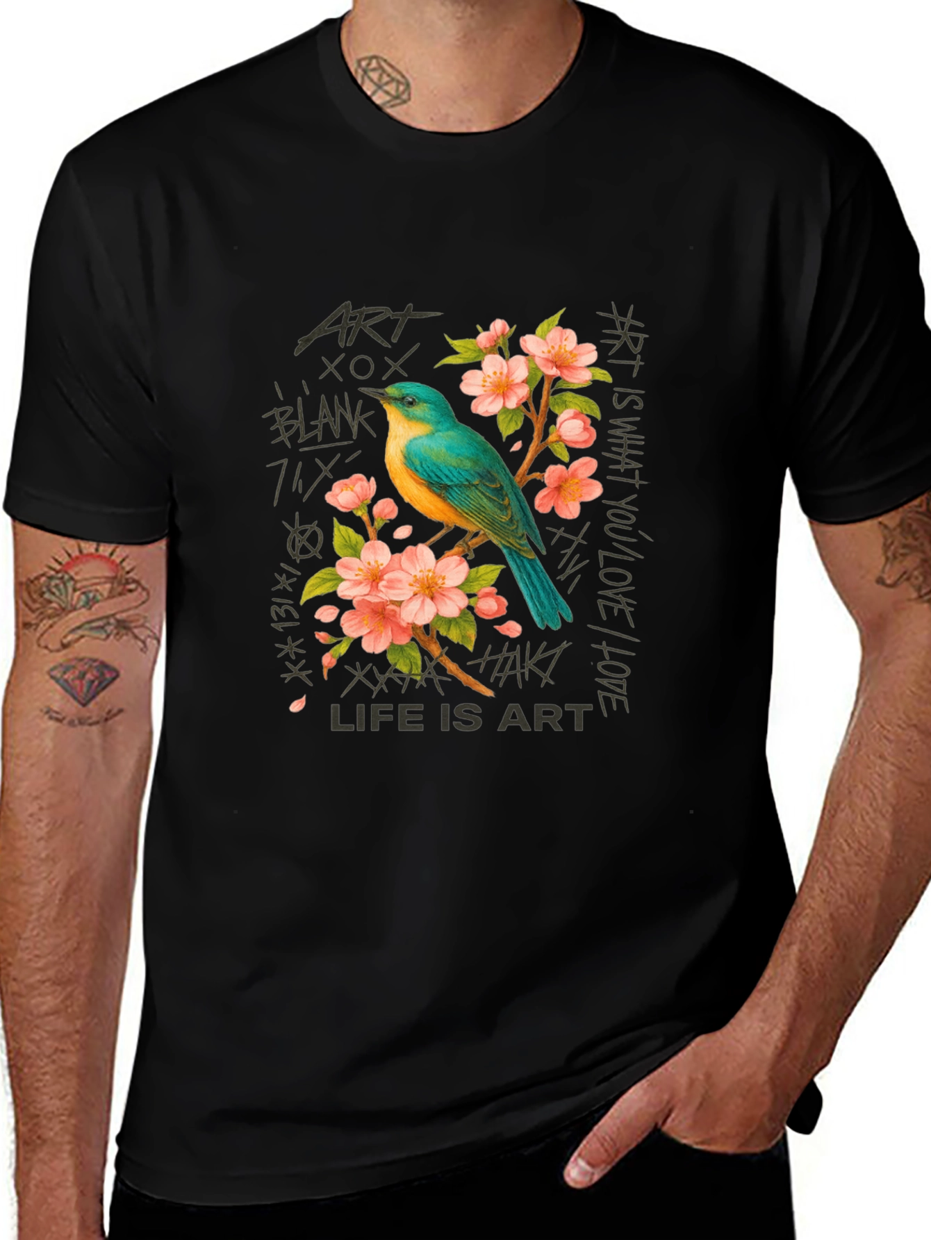 Variant 8 of Artistic Bird and Blossom Graphic T-Shirt