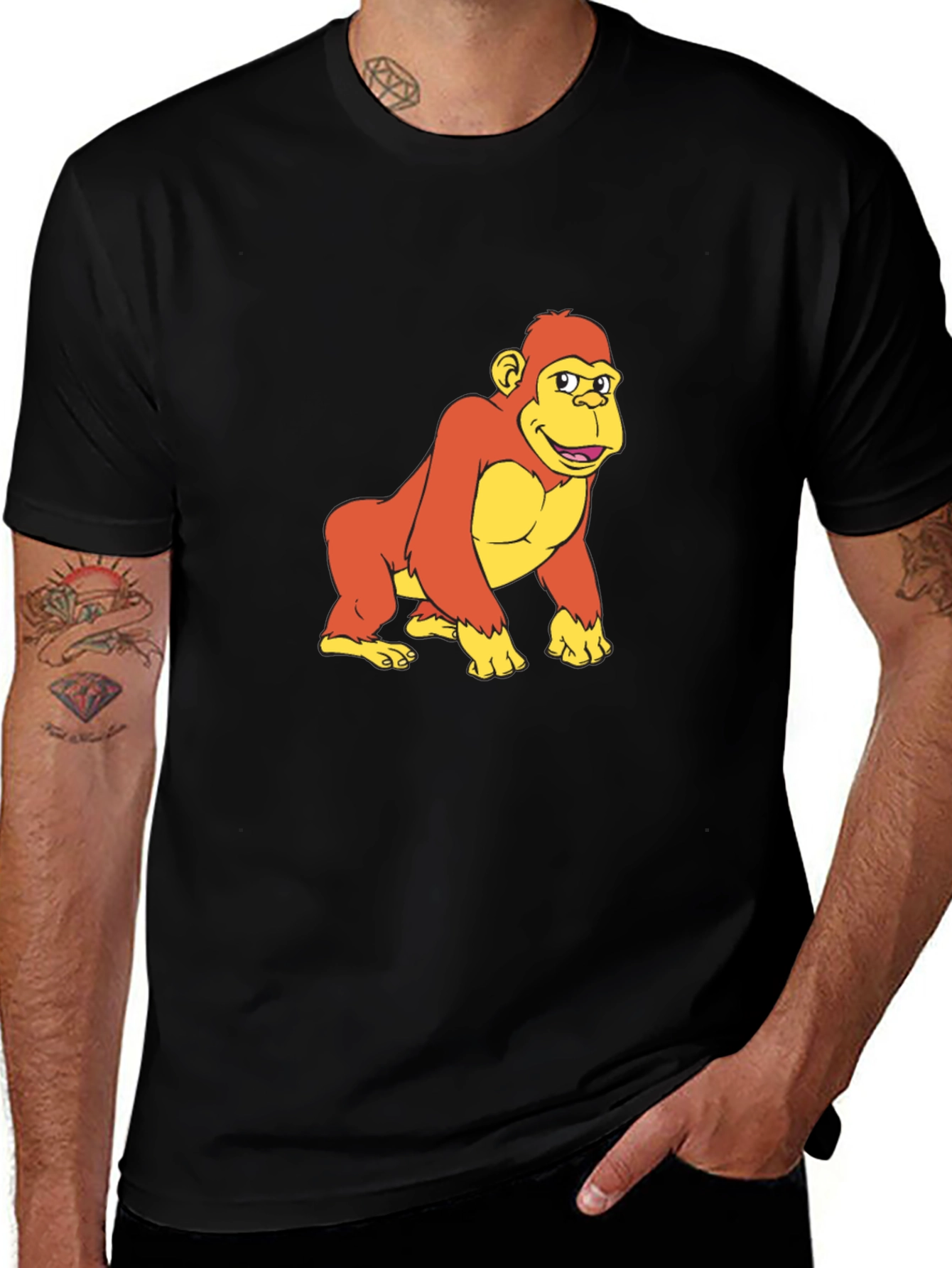 Cartoon Ape Graphic Tee - Black Crew Neck T-Shirt