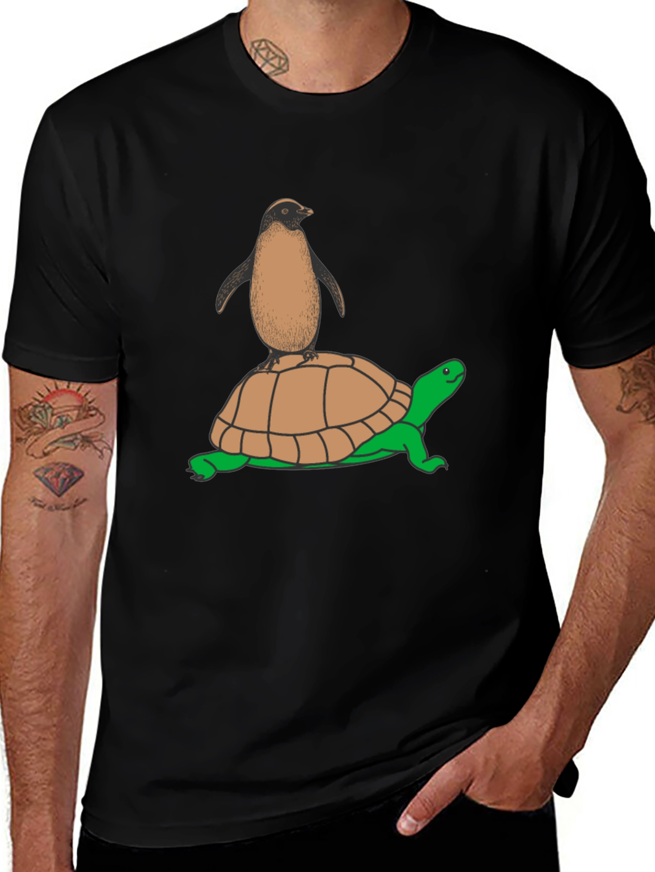 Variant 24 of Penguin on Turtle Graphic Tee - Black Cotton T-Shirt