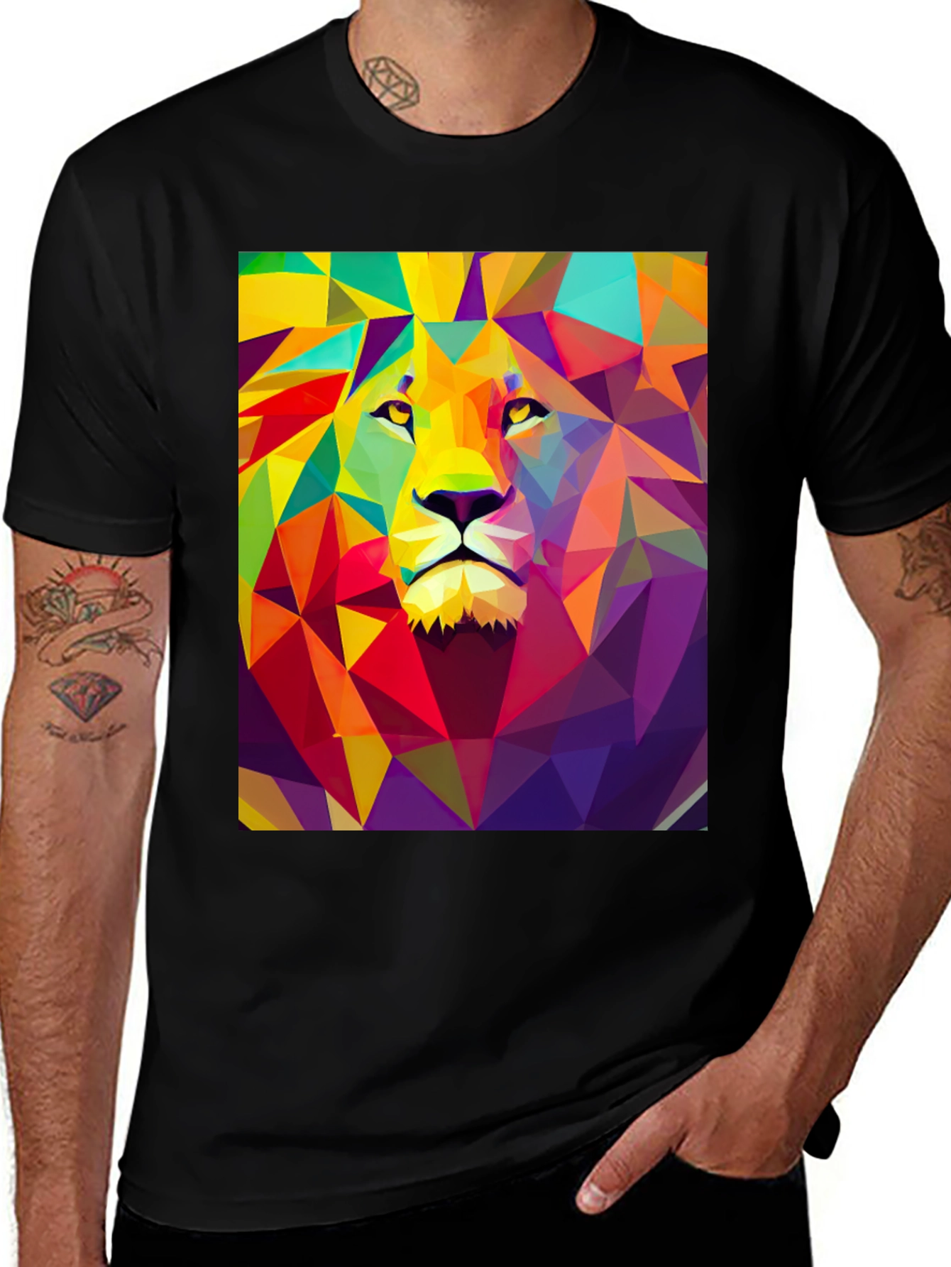 Variant 9 of Geometric Lion Graphic Tee - Black Cotton Comfort