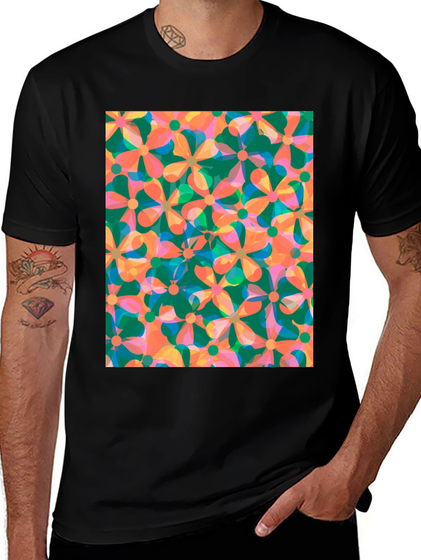 Variant 11 of Retro Floral Print Black T-Shirt