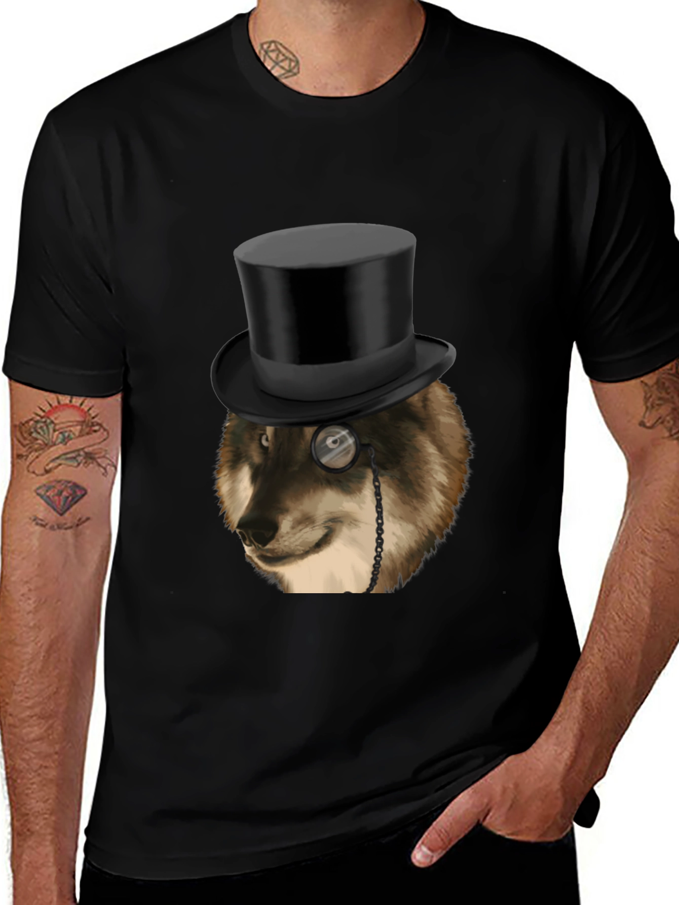 Variant 13 of Wolf Top Hat Monocle Men's Black Graphic T-Shirt