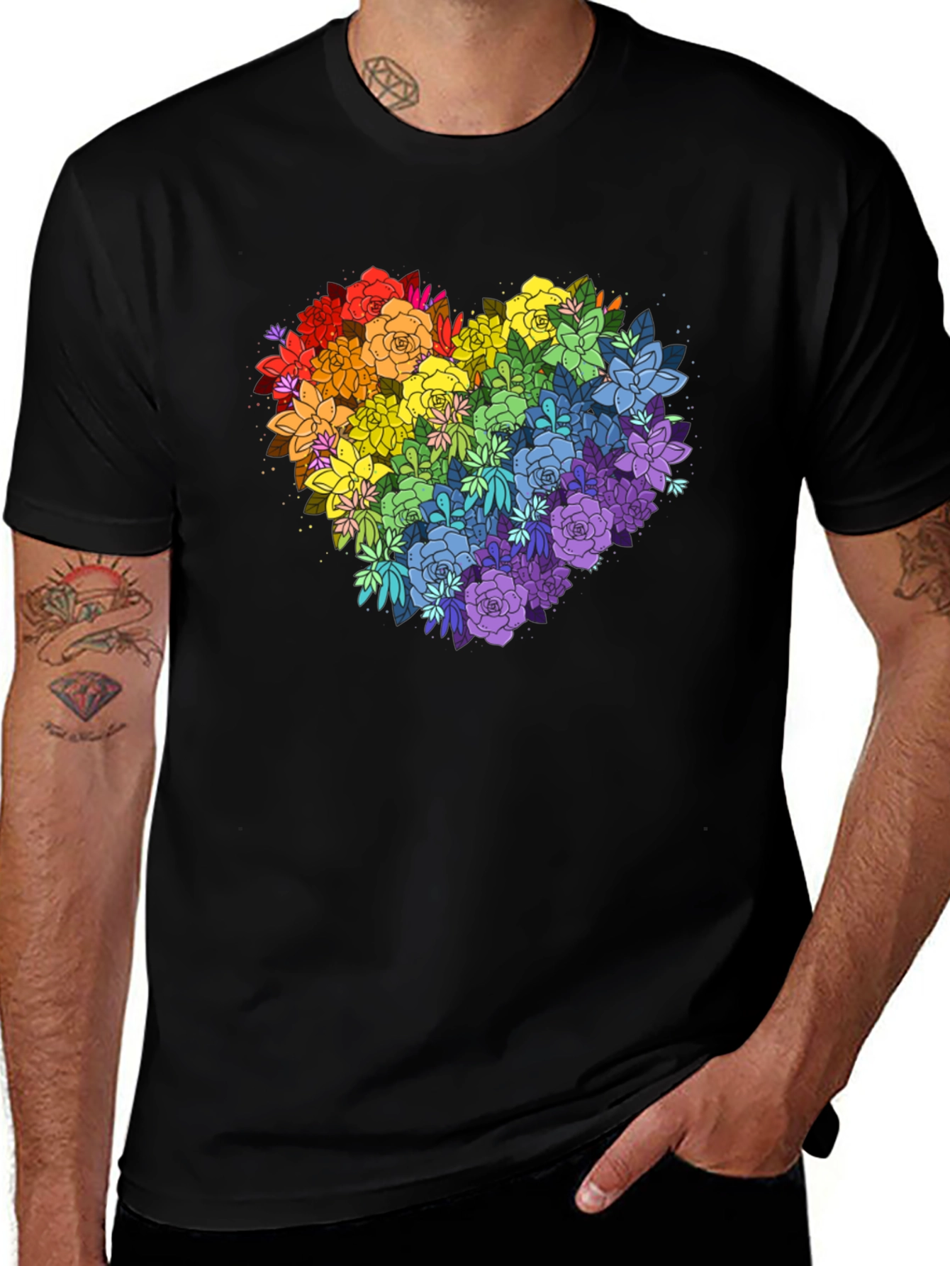 Variant 22 of Rainbow Floral Heart Graphic Tee - Black