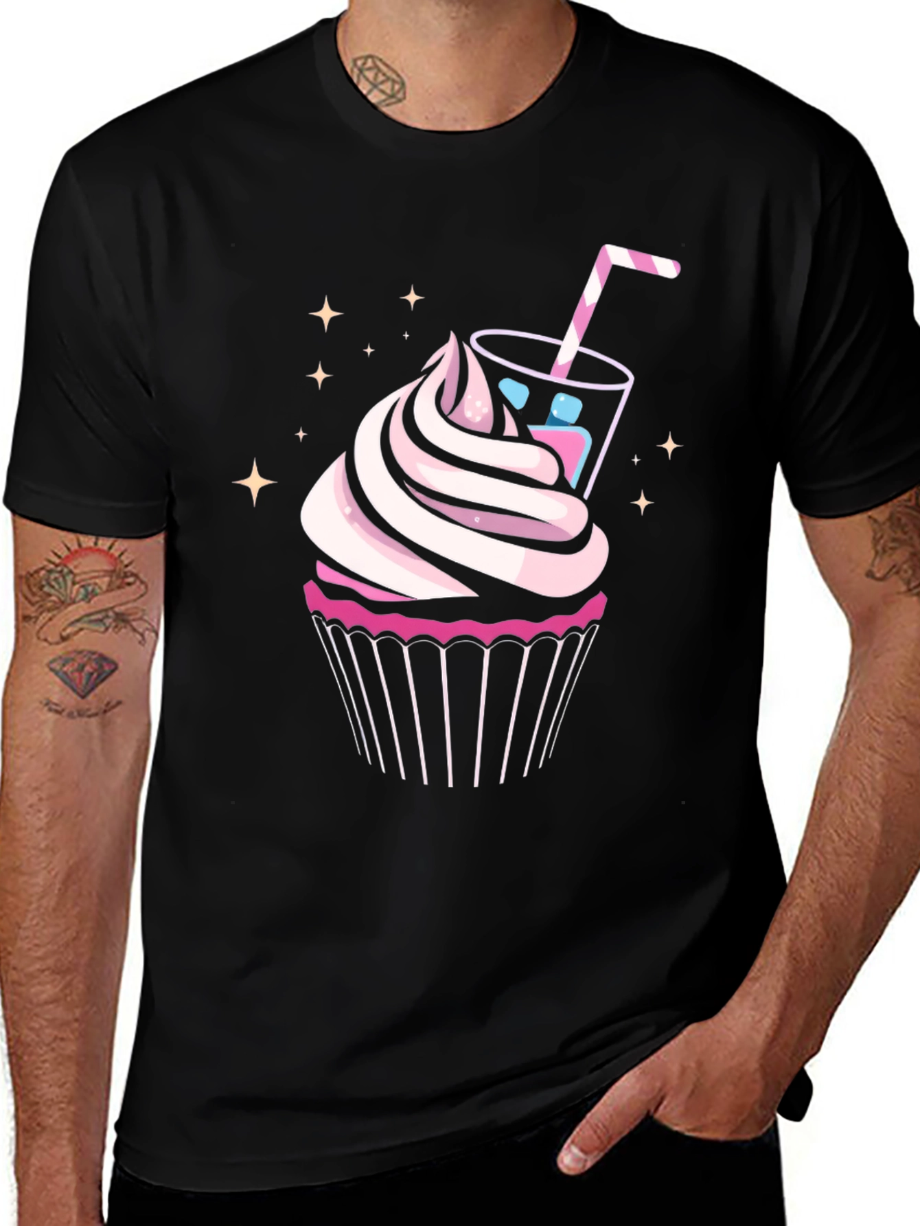 Cupcake & Drink Graphic Tee - Black Cotton Shirt