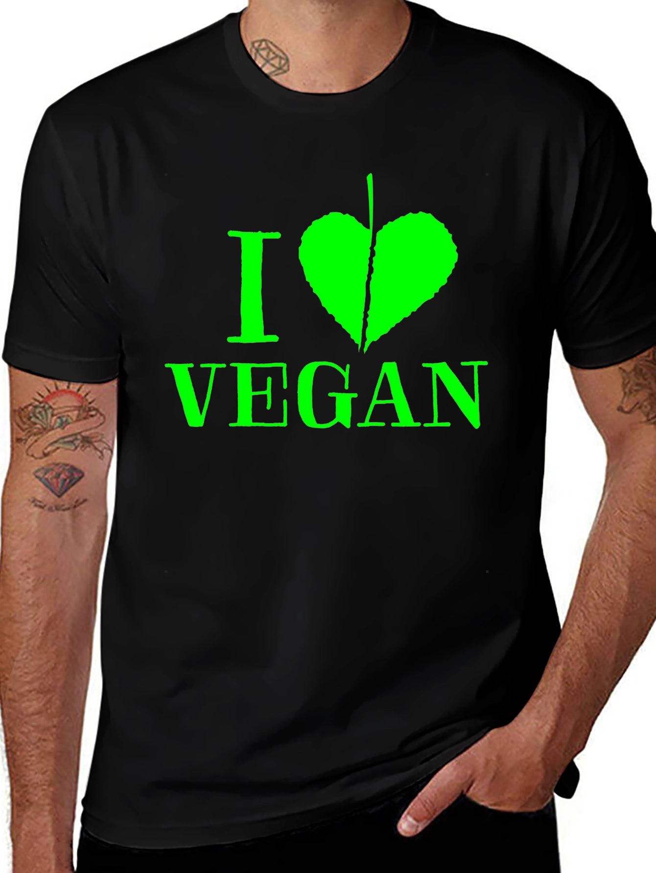 Variant 11 of I Heart Vegan T-Shirt - Green Leaf Design