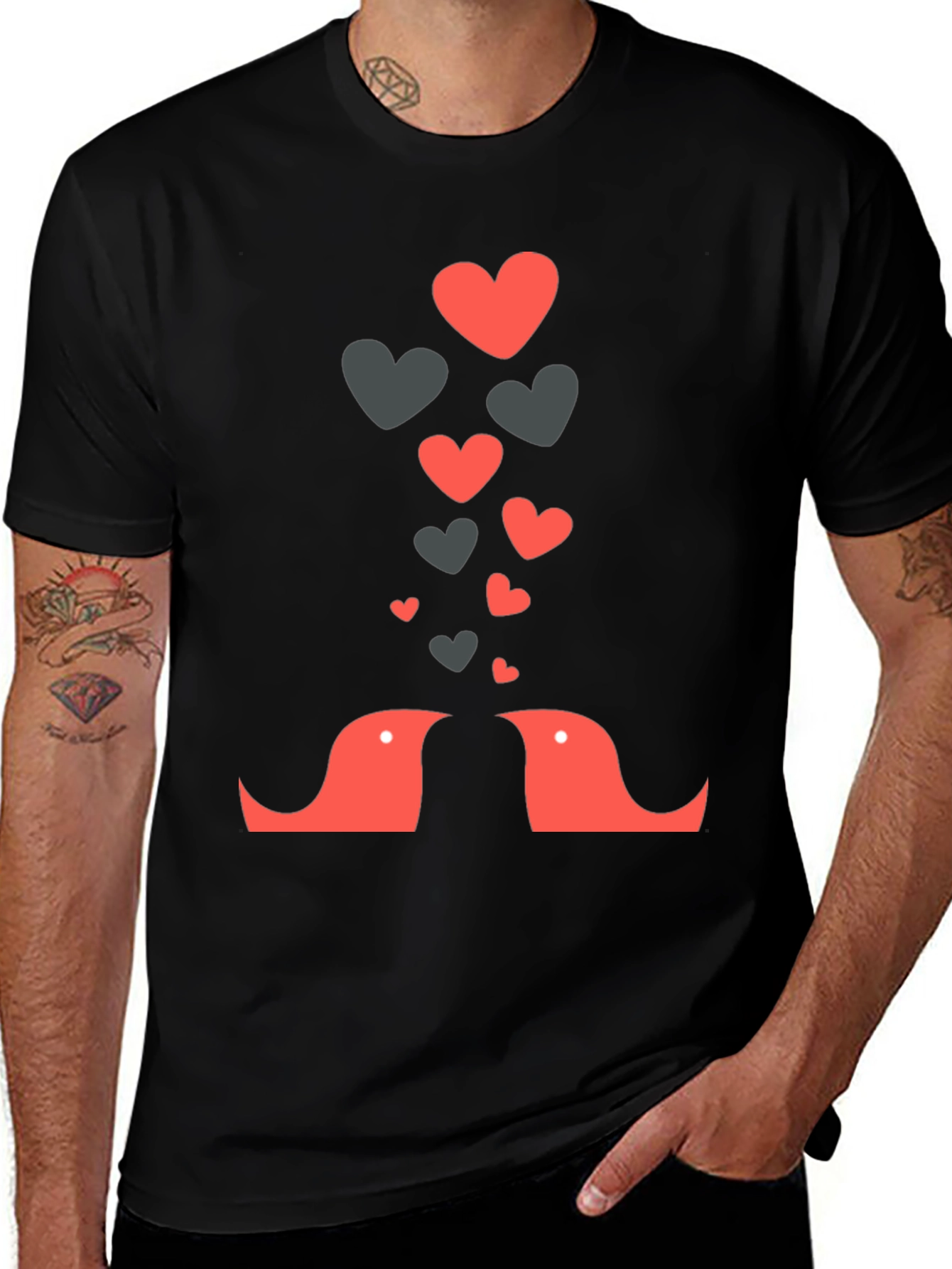 Variant 13 of Love Birds Heart Graphic Black Tee - Casual Style