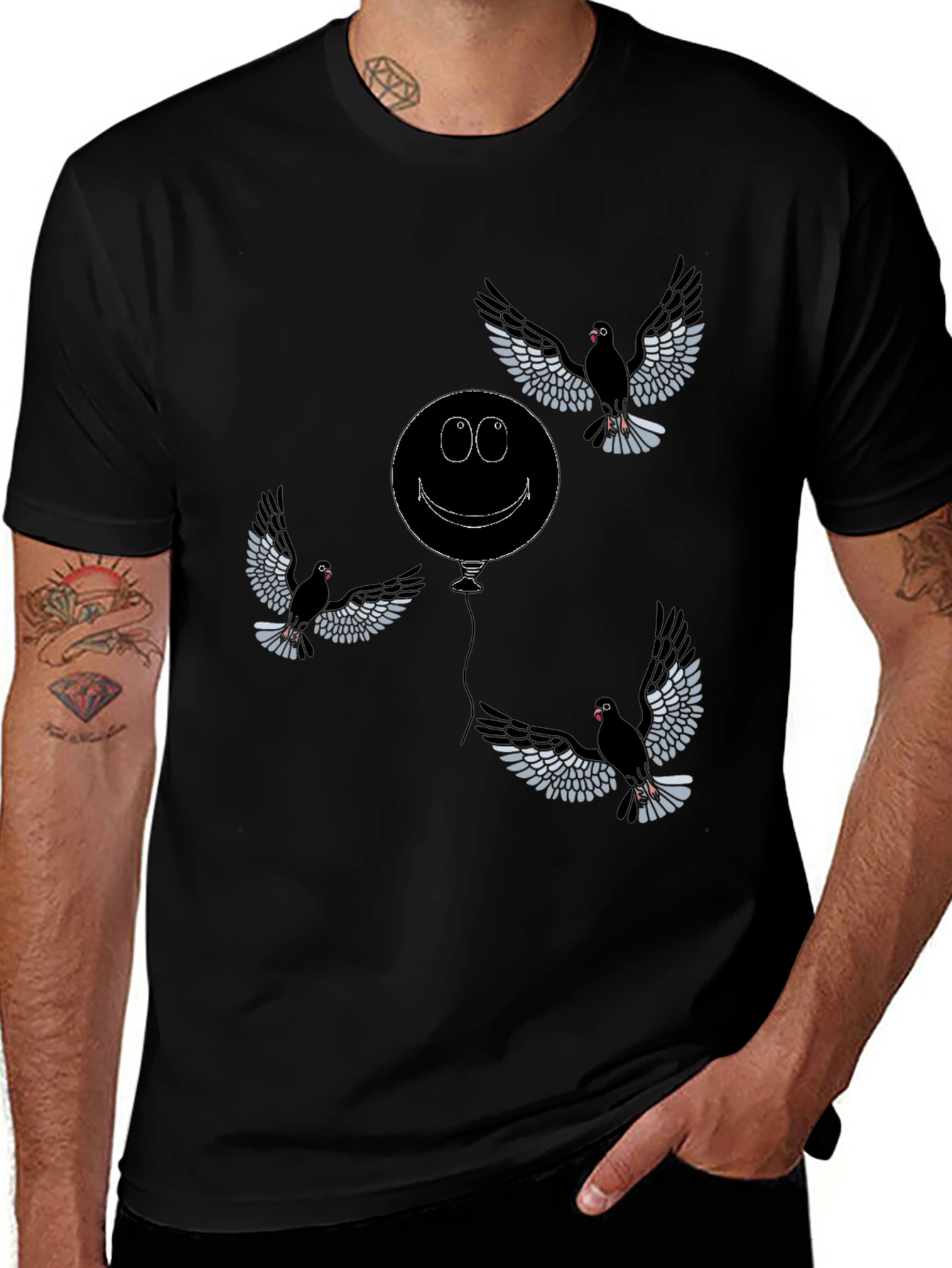 Whimsical Bird & Balloon Graphic T-Shirt - Black