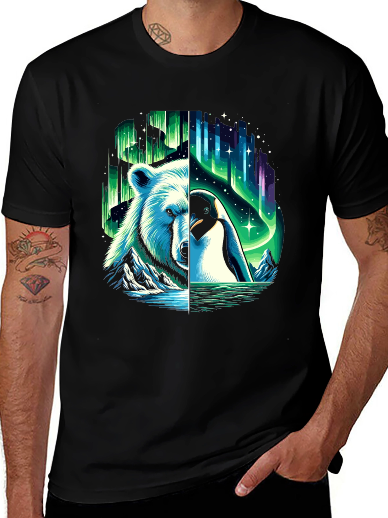 Variant 8 of Arctic Aurora T-Shirt: Polar Bear Penguin Northern Lights Design
