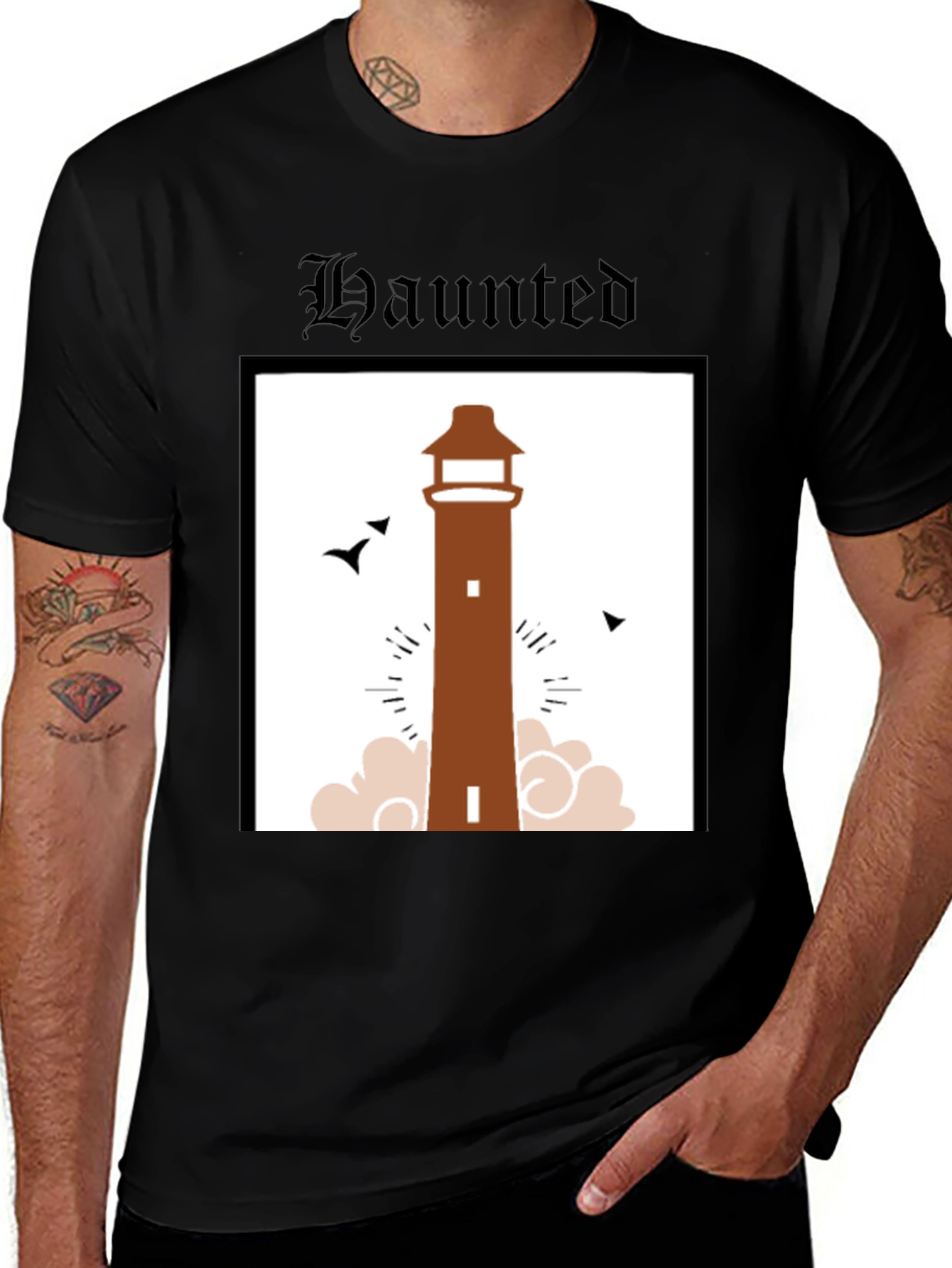 Variant 18 of Haunted Lighthouse Graphic Tee - Black Cotton T-Shirt