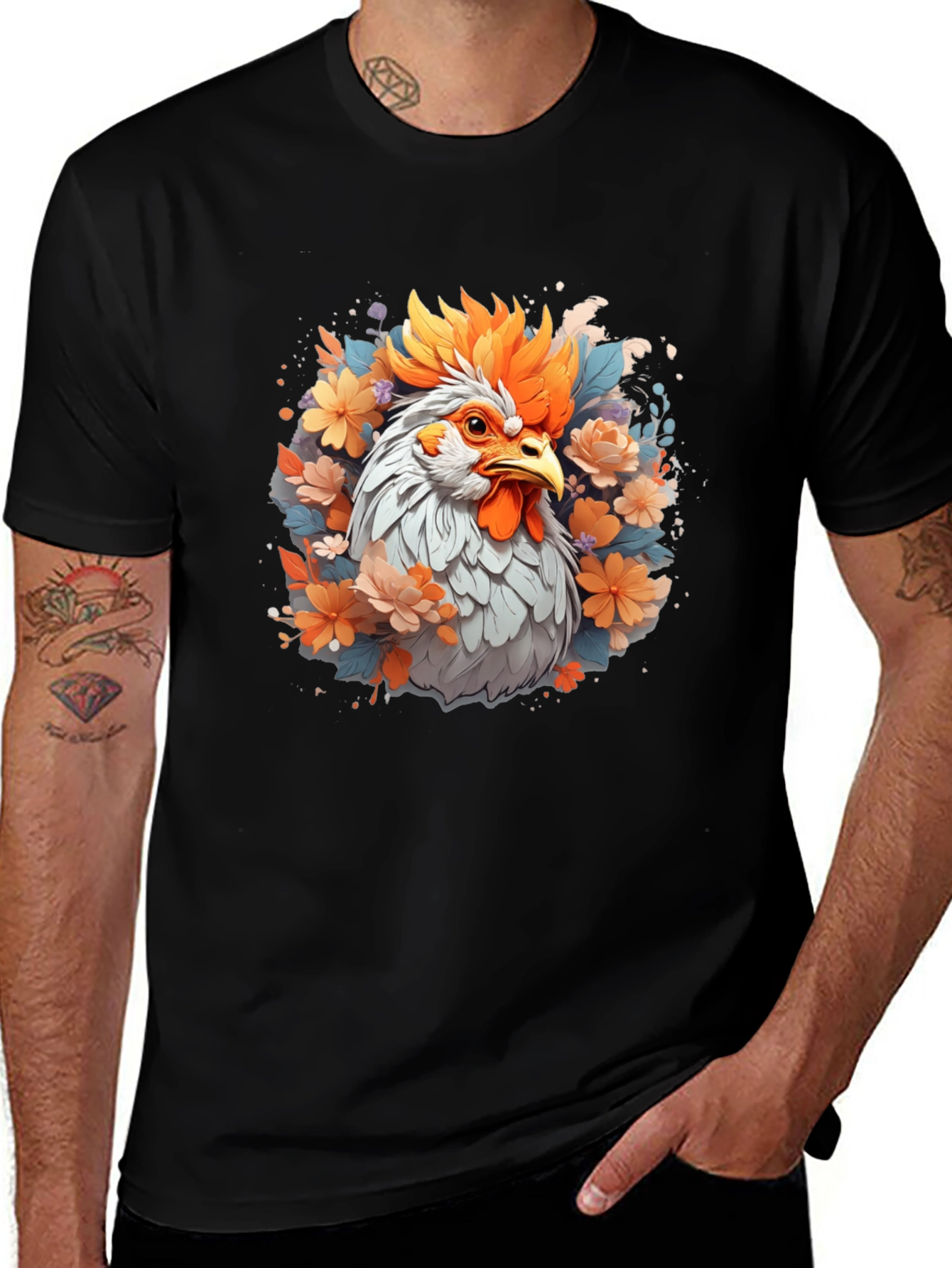 Variant 21 of Floral Rooster Graphic Tee - Men's Black T-Shirt