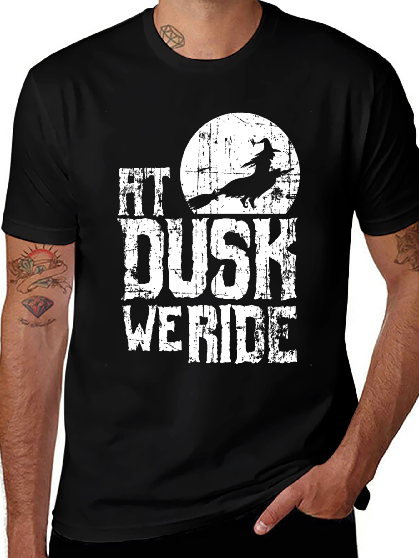 At Dusk We Ride T-Shirt - Halloween Witch Silhouette