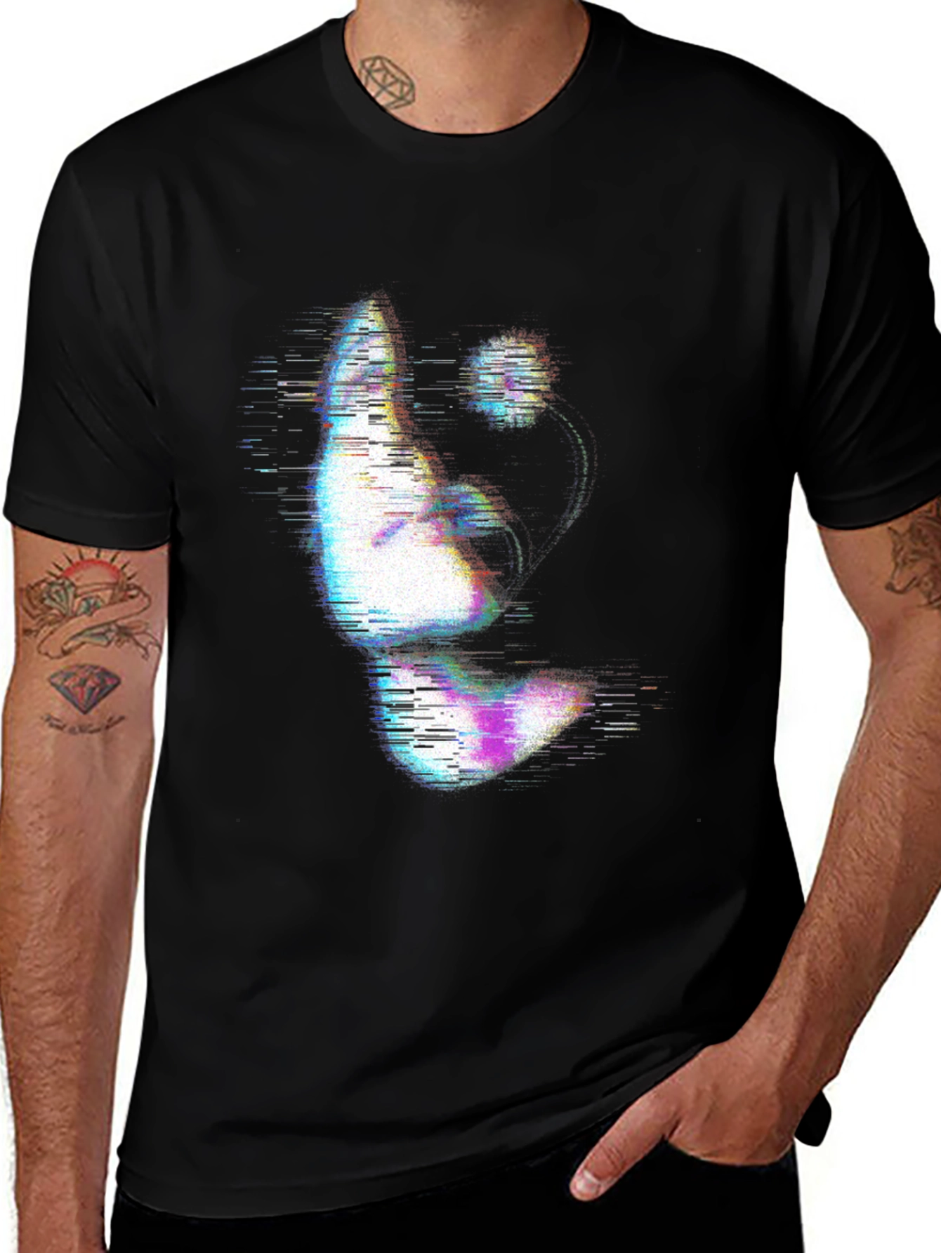 Variant 9 of Glitch Art Face Print Black T-Shirt