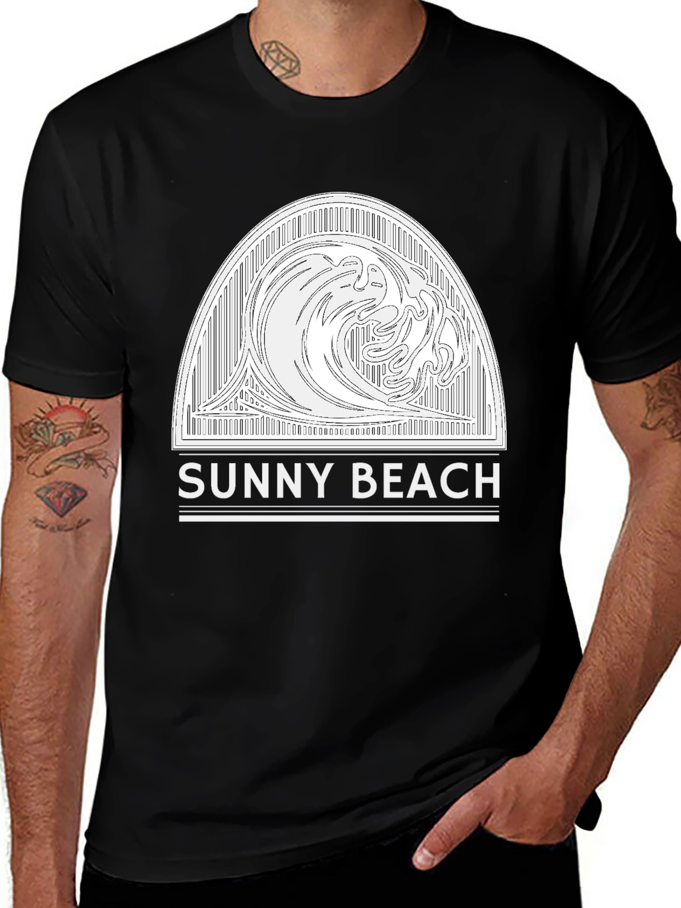 Variant 7 of Sunny Beach Wave Graphic Tee - Black Cotton T-Shirt