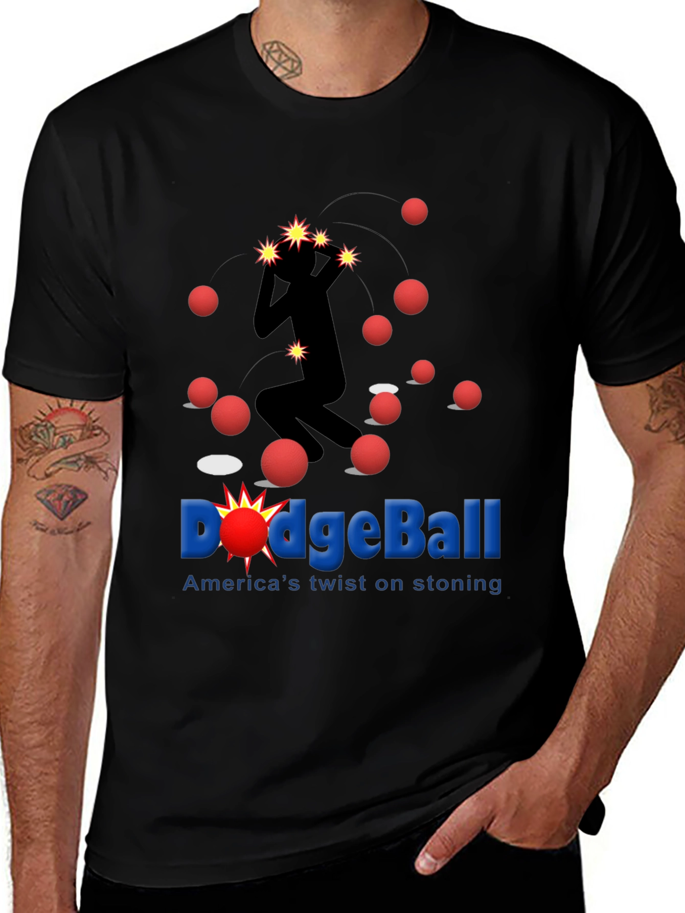 Variant 20 of Dodgeball T-Shirt: America's Twist on Stoning 