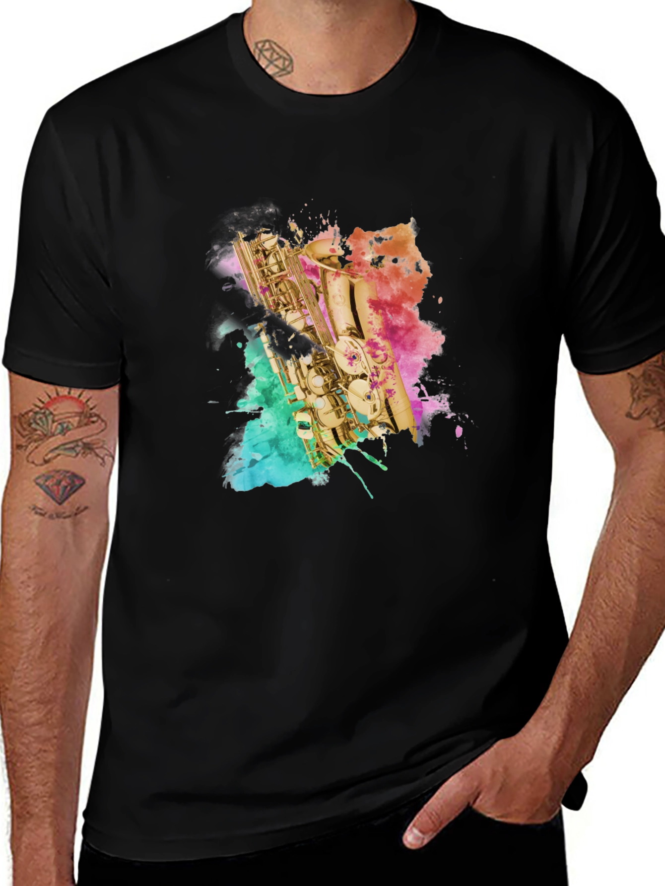 Black Saxophone Watercolor Art Men's Black T-Shirt main image