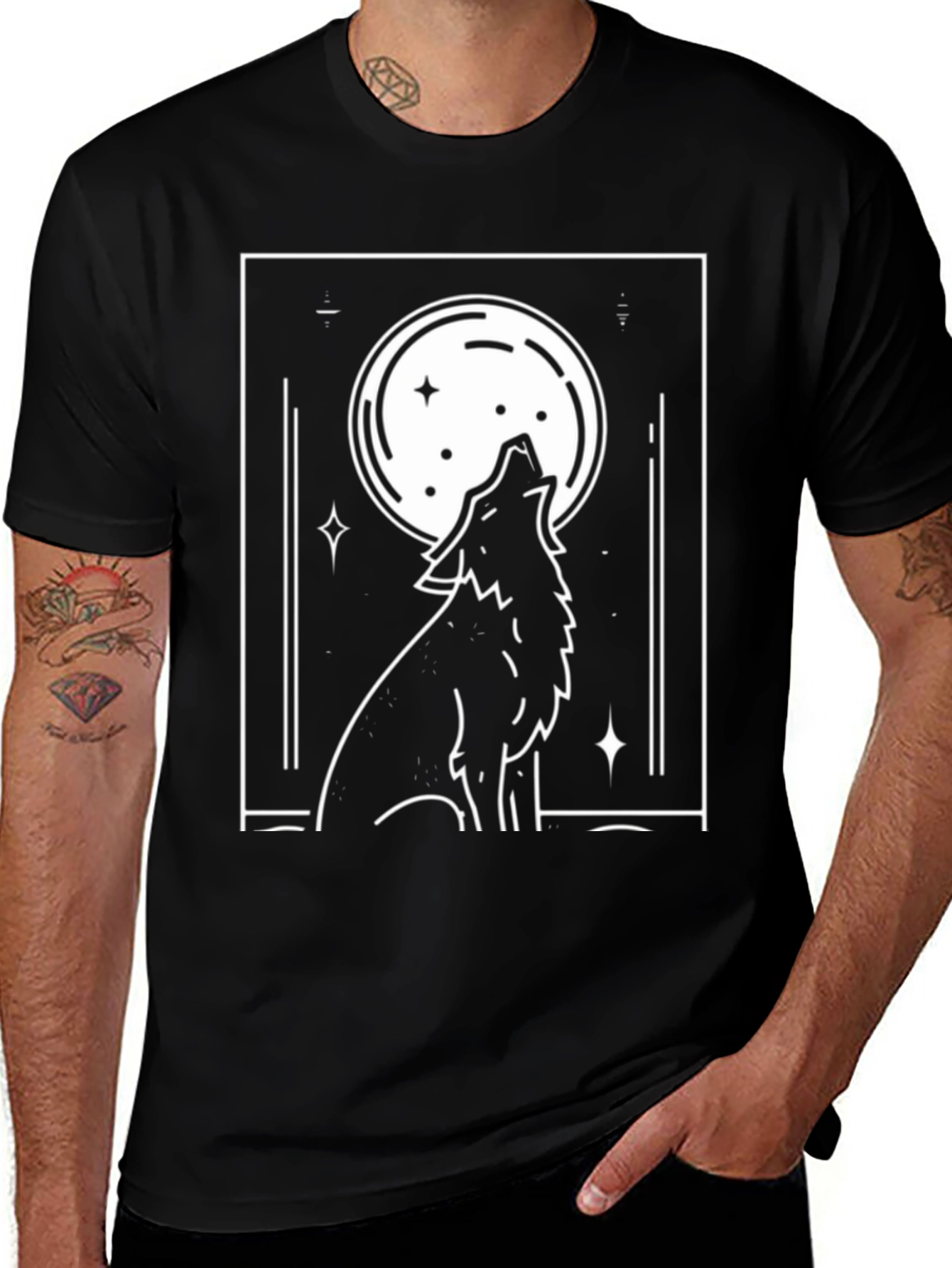 Variant 28 of Wolf Howling at Moon Graphic Tee - Black