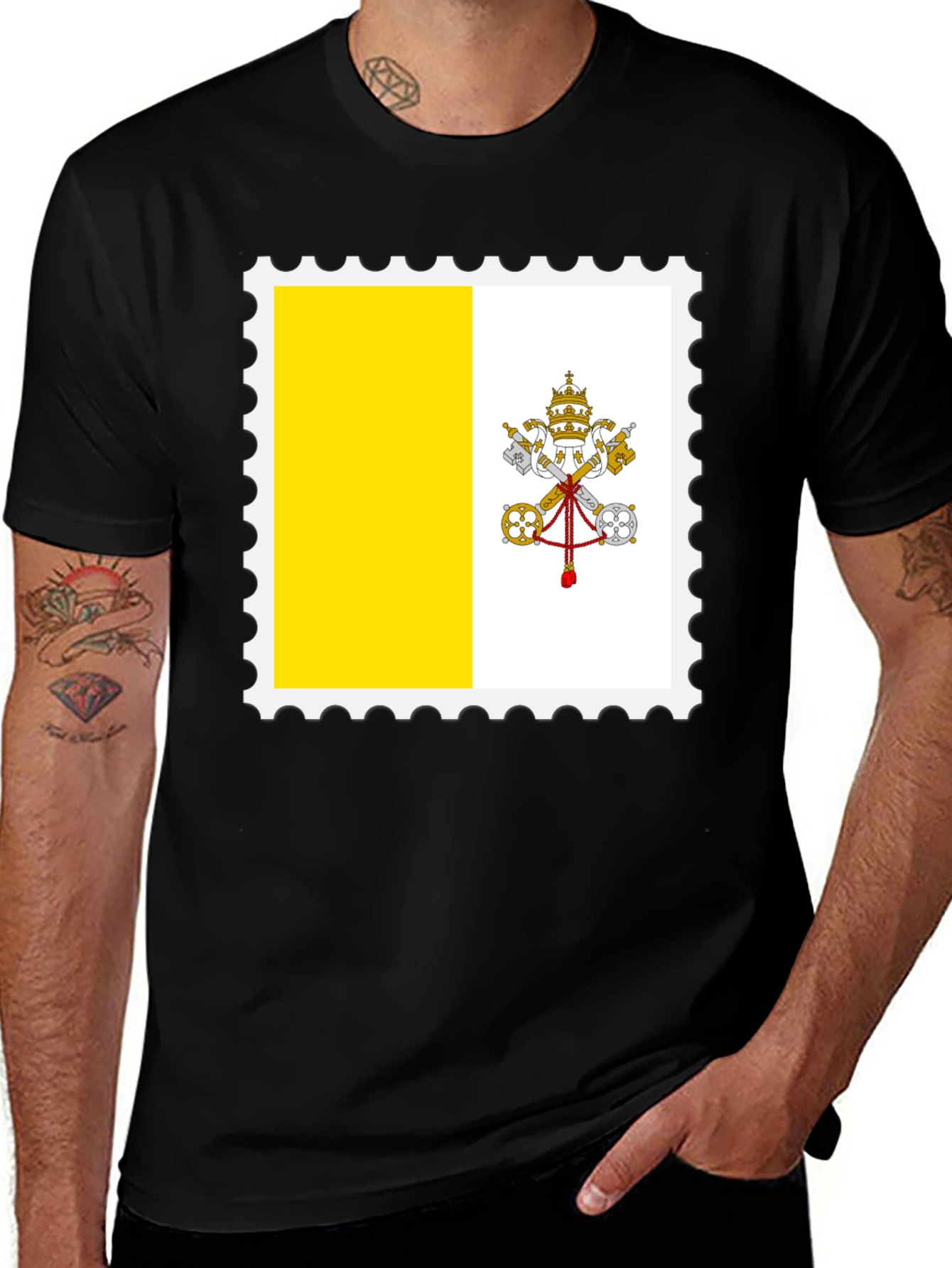 Vatican City Flag Stamp Graphic Tee - Black Cotton T-Shirt