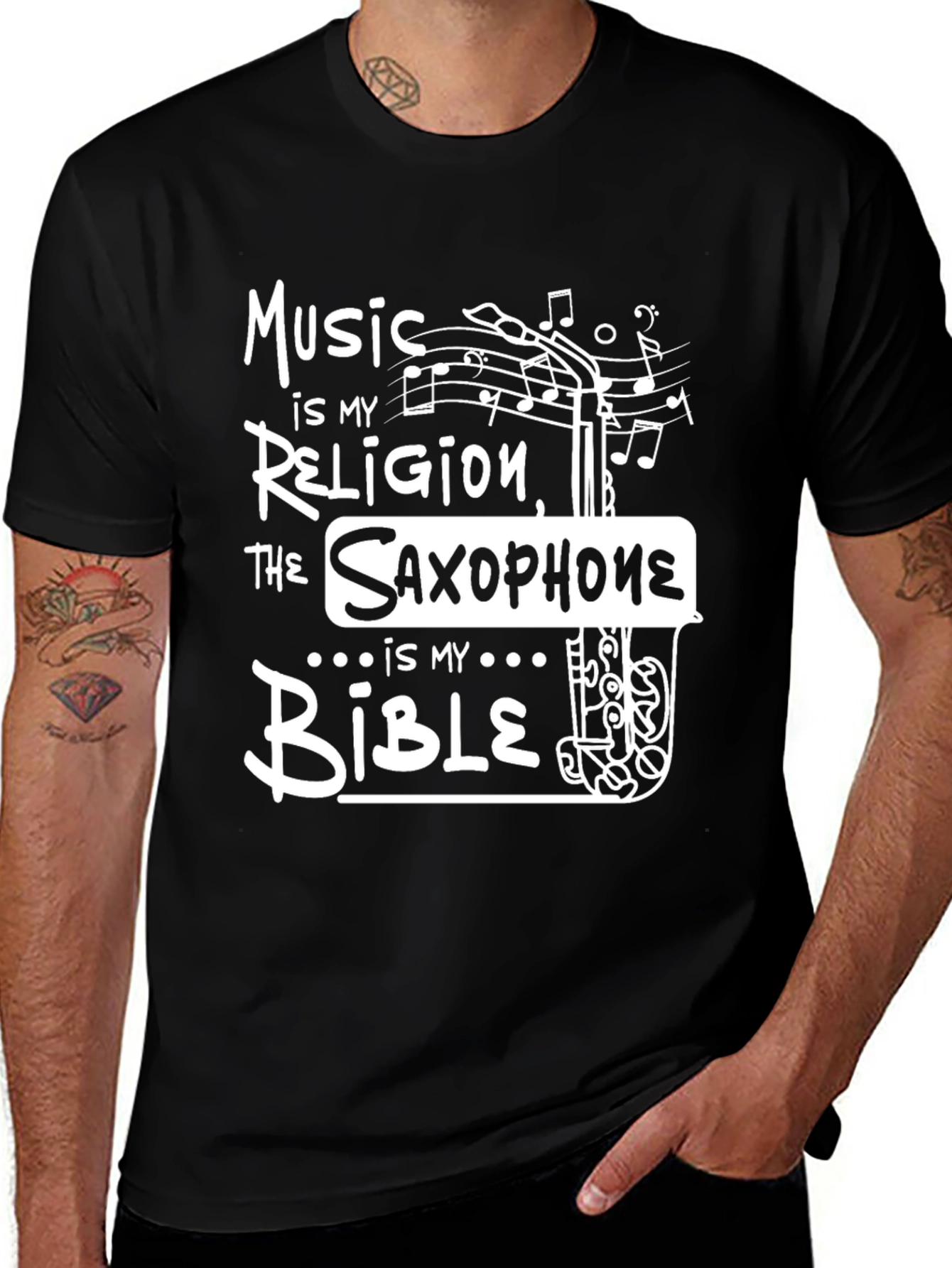Music is My Religion Saxophone Bible T-Shirt