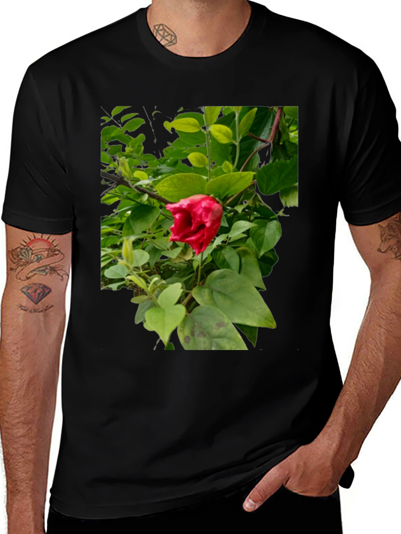 Variant 27 of Red Hibiscus Floral Print Black T-Shirt