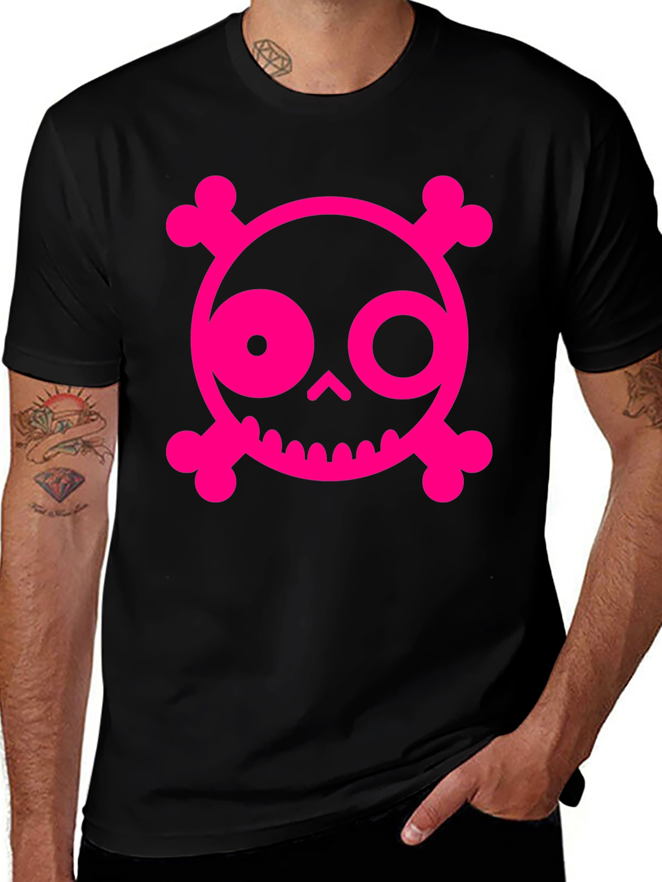 Variant 18 of Skull & Crossbones Graphic Tee - Pink on Black