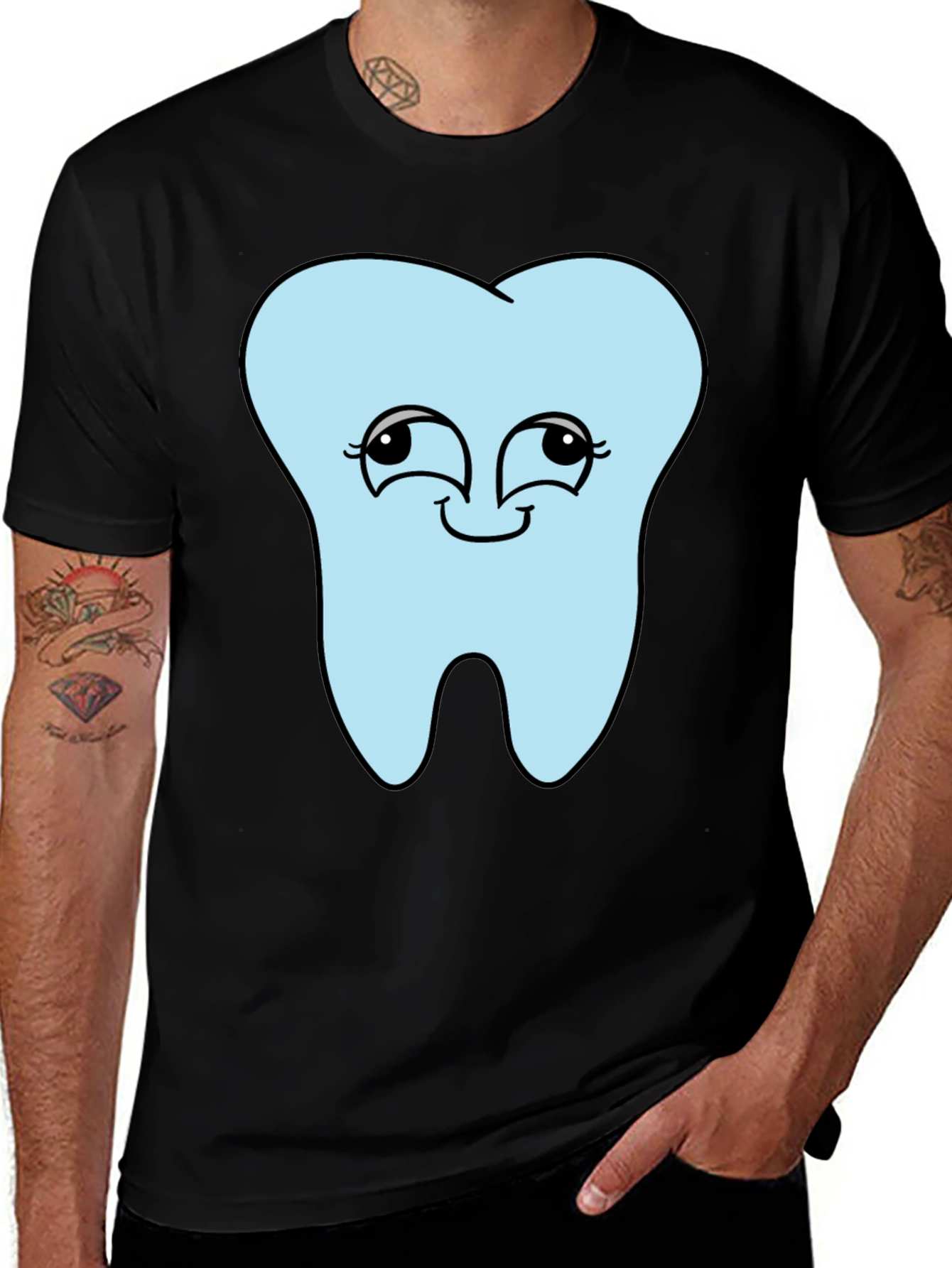 Funny Tooth Cartoon Graphic Print Black T-Shirt