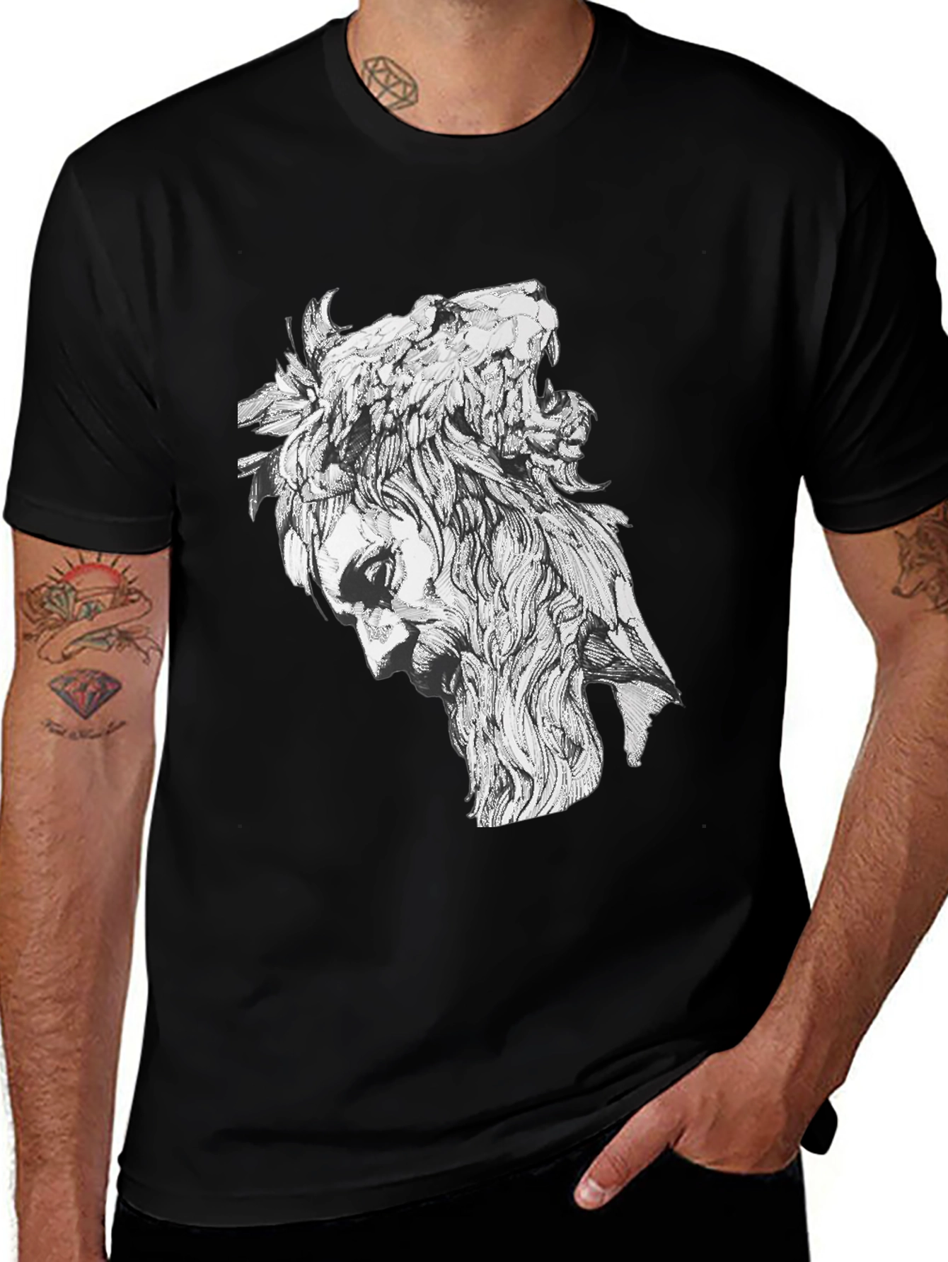 Lion Man Graphic Tee - Stylish Black Cotton T-Shirt
