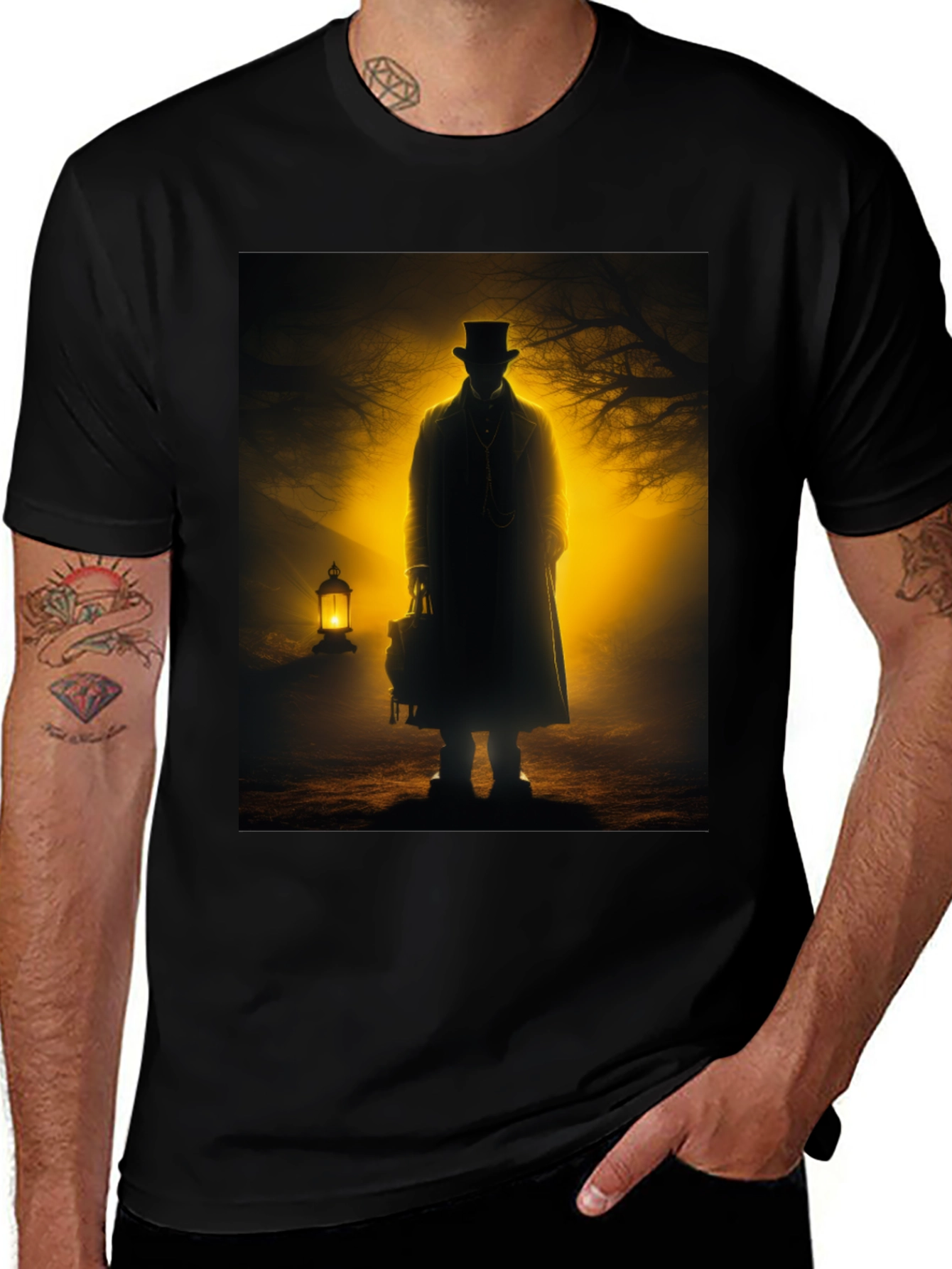 Mysterious Figure T-Shirt - Lantern & Top Hat Design