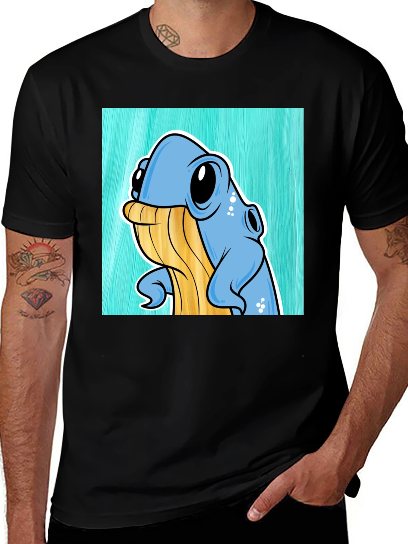 Variant 5 of Blue Cartoon Whale Graphic Tee - Men's Black T-Shirt