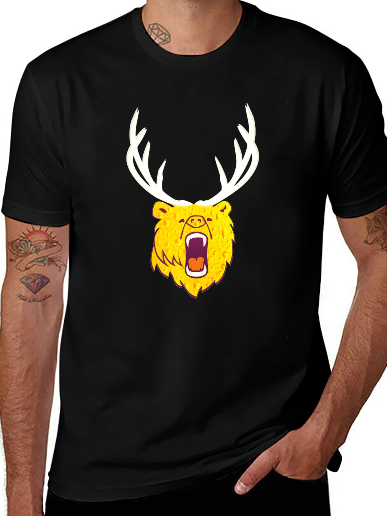 Variant 9 of Bear with Antlers Graphic Tee - Black