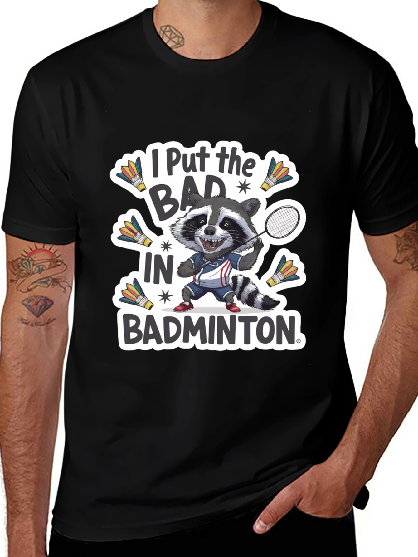 Variant 4 of Badminton Raccoon Graphic Tee - Funny Sports T-Shirt